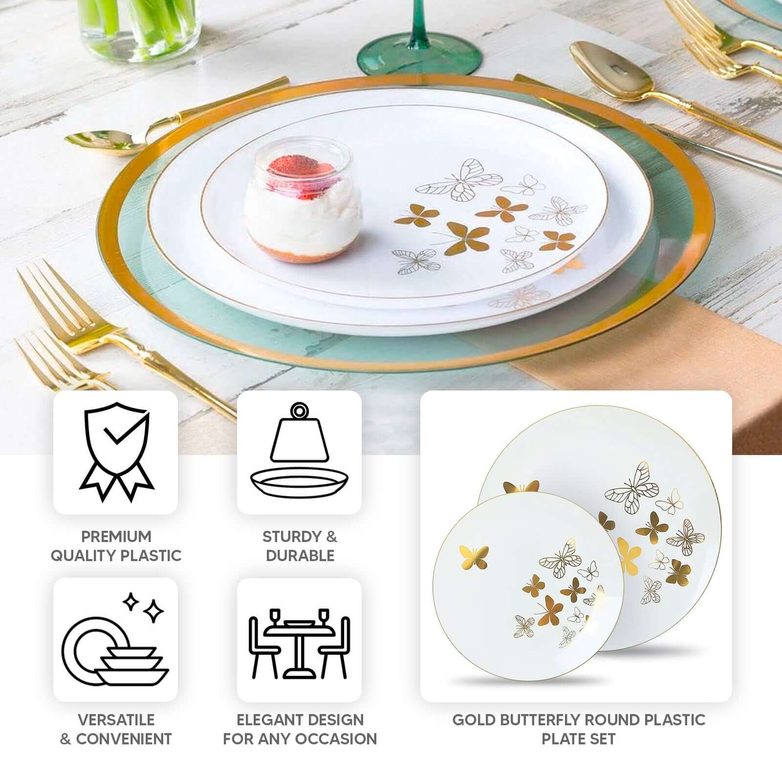 Set of 20 Plastic Round Dinner and Salad Plates in White with Gold Butterfly Design & Gold Rim - Stylish Disposable Dinnerware for Buffets & Catered Events 8, 10