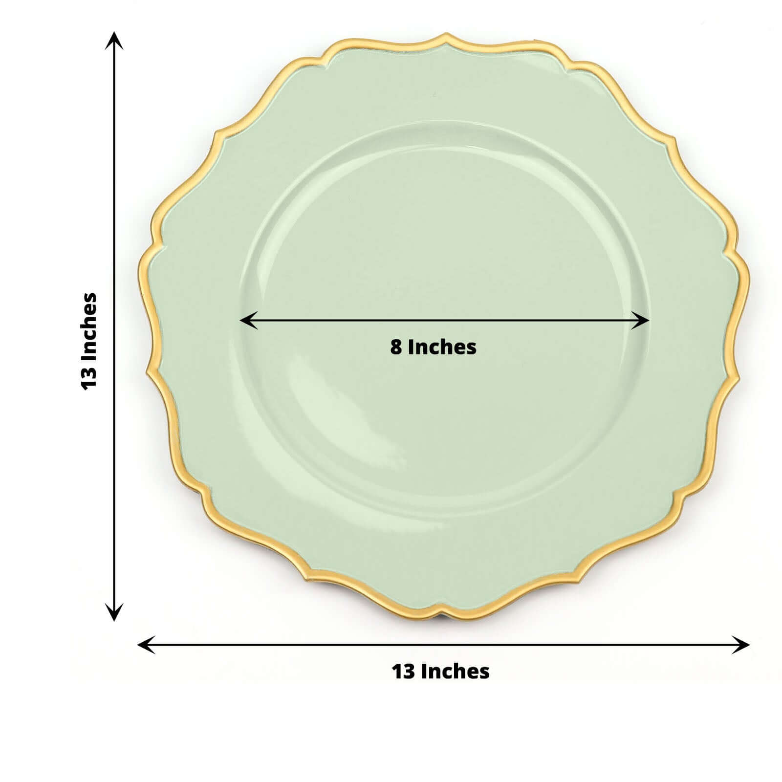 6-Pack Acrylic Round Charger Plates 13 in Sage Sage Green with Gold Scalloped Rim, Decorative Dinner Party Plastic Charger Tableware