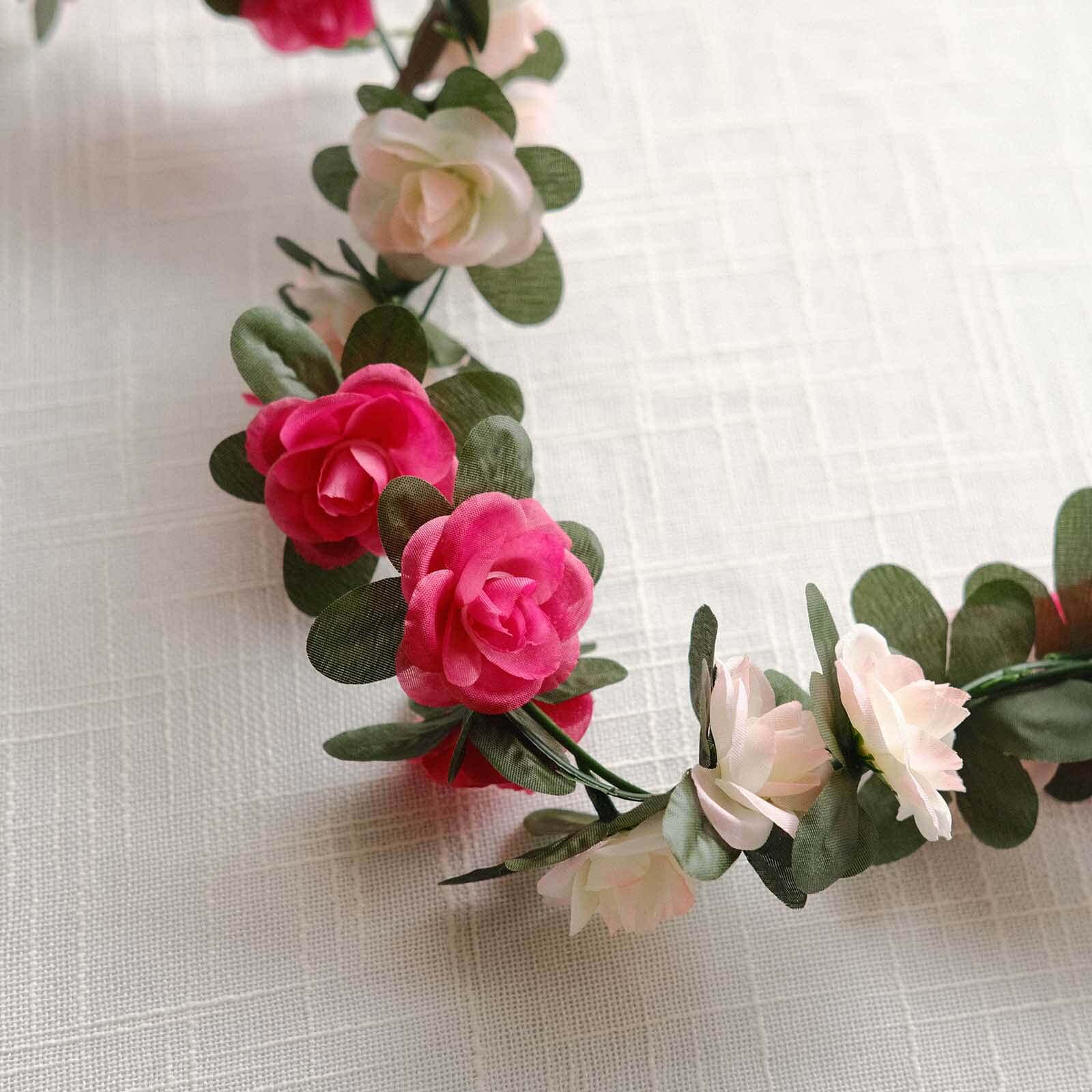 2 Pack 8ft Blush Fuchsia Artificial Silk Flower Garland Mini Rose Vines with 45 Flower Heads