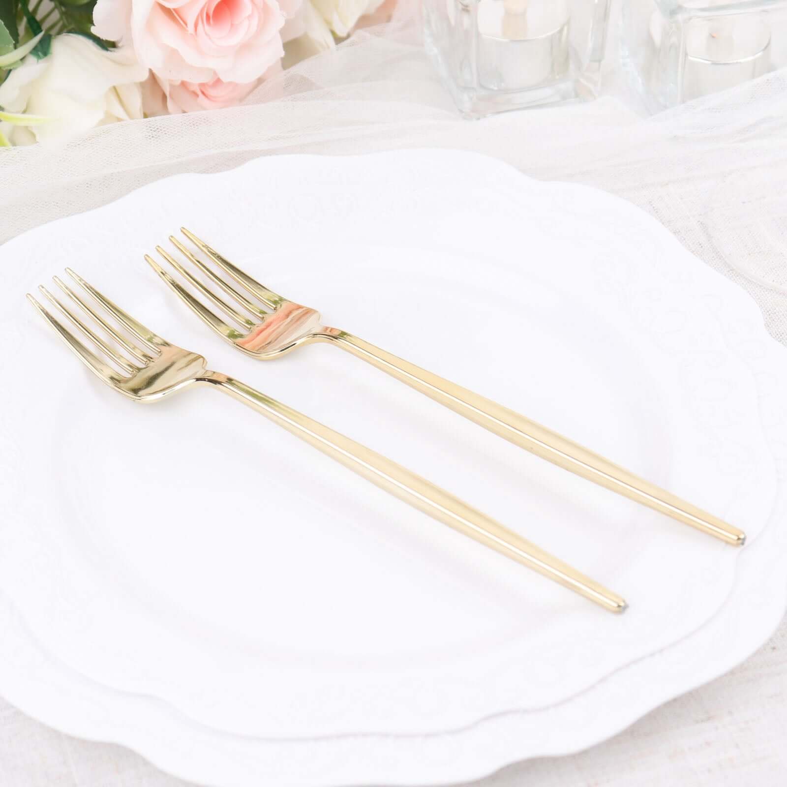 24 Pack 8 Glossy Gold Heavy Duty Plastic Silverware Forks Cutlery, Premium Disposable Sleek Flatware