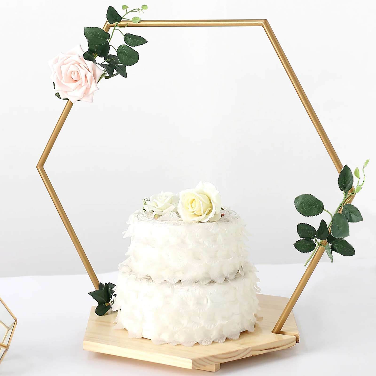 Metal Hexagon Floral Hoop Cake Stand Gold - Chic Geometric Dessert Display DIY Centerpiece Table Decoration With Wooden Base 28