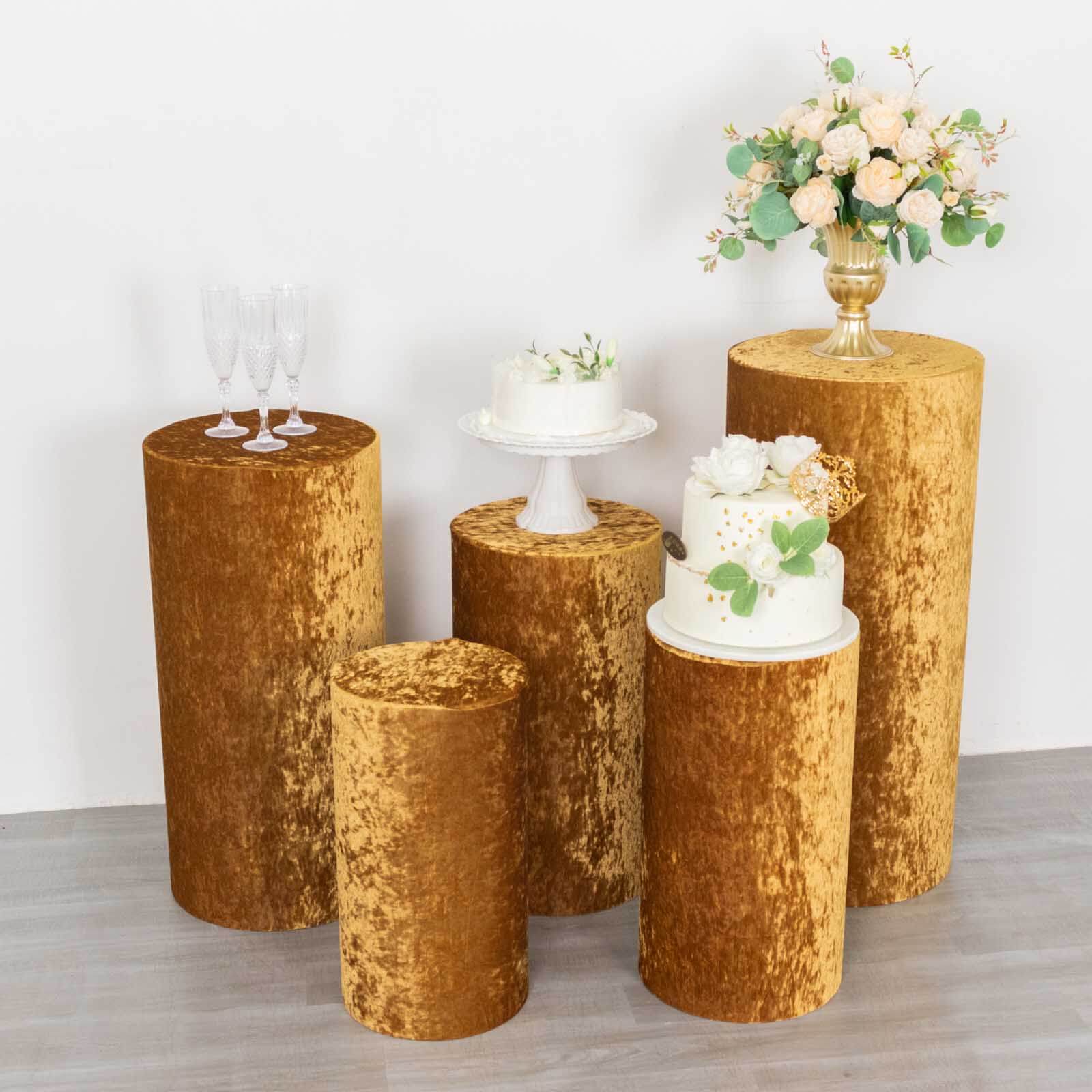 Set of 5 Gold Crushed Velvet Cylinder Pedestal Stand Covers, Premium Pillar Prop Covers