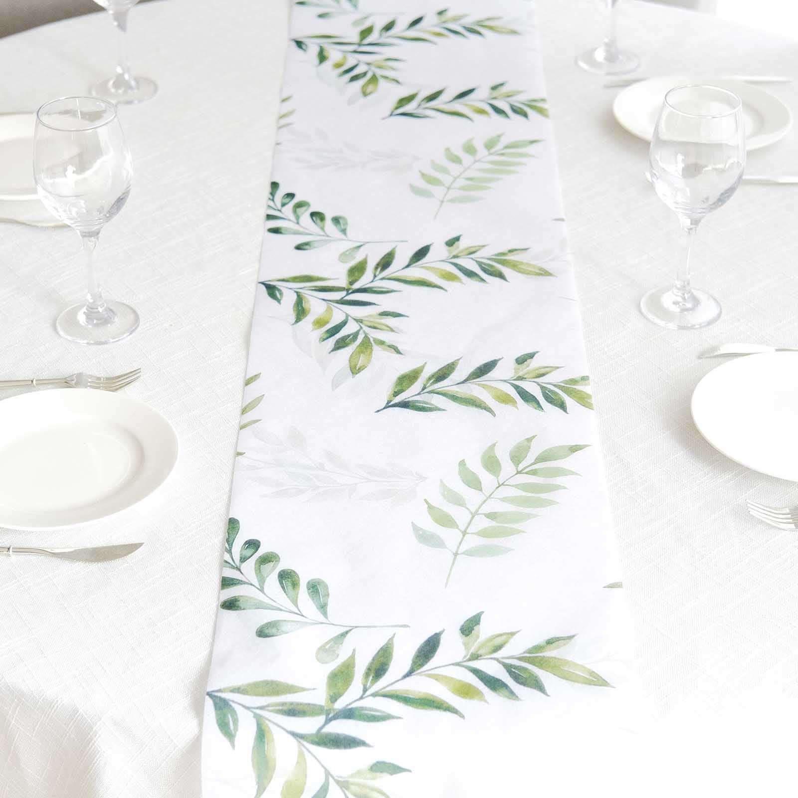 Disposable Table Runner 11x108 White with Green Olive Leaves Print - Non-woven Stylish Spring Summer Dining Decor