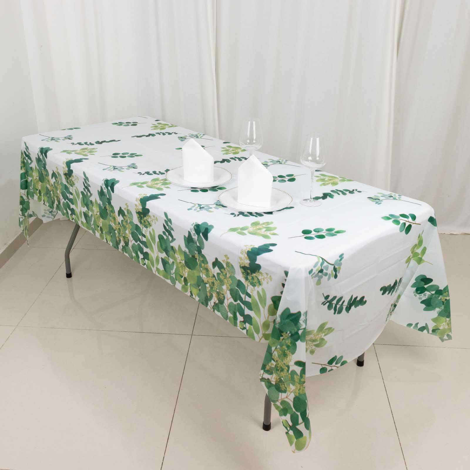 5-Pack Plastic Table Covers White/Green Rectangle with Eucalyptus Leaves Print - Decorative PVC Disposable Tablecloths 54x108