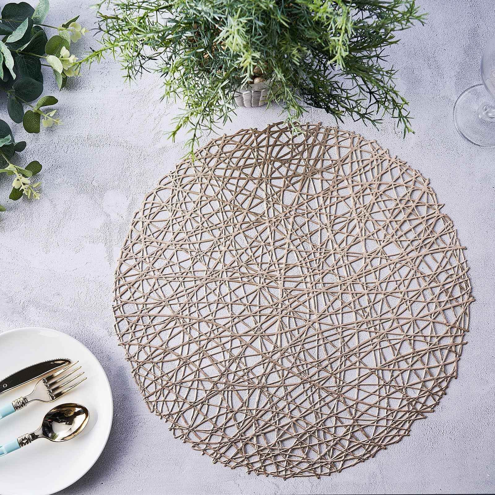 6-Pack Vinyl Placemats Champagne Woven Design - Durable Non-Slip Round Table Mats for Dining 15