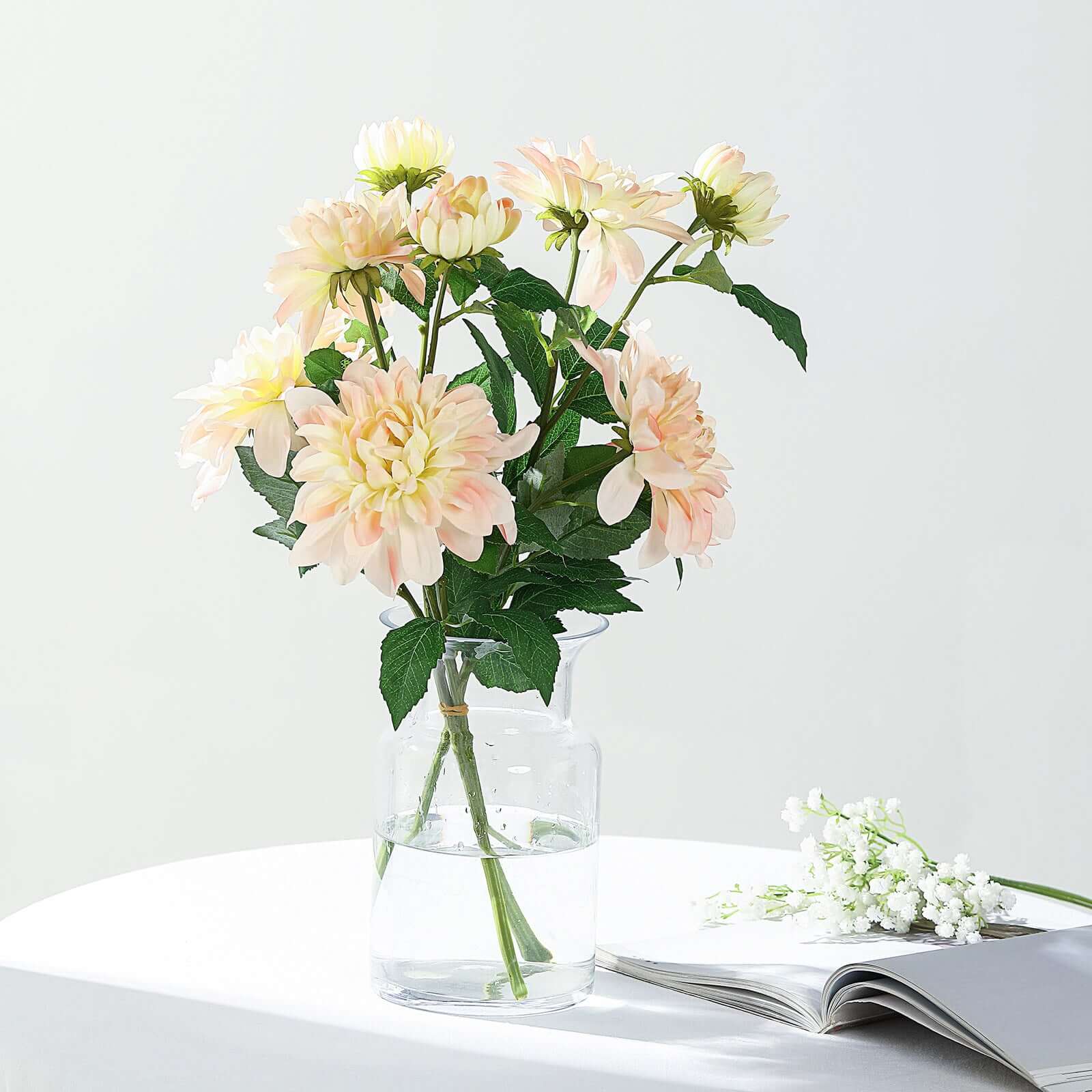 30 Tall Blush Cream Artificial Dahlia Silk Flower Stems, Faux Floral Spray