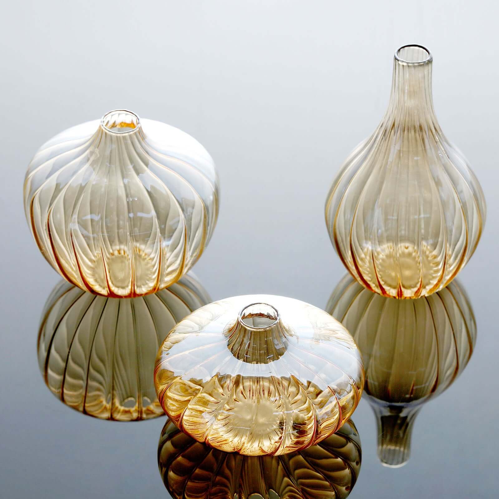 Set of 3 Gold Glass Ribbed Design Mini Flower Bud Vases, Table Centerpiece Set - Assorted Sizes