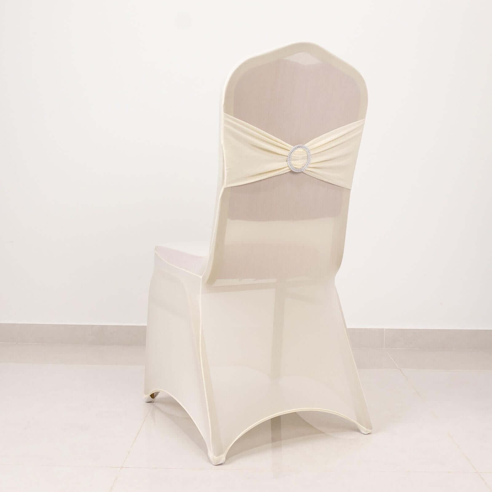 Spandex Chair Cover with Ivory Rhinestone Buckled Sash Band Blush - Stretch Fitted Slipcover