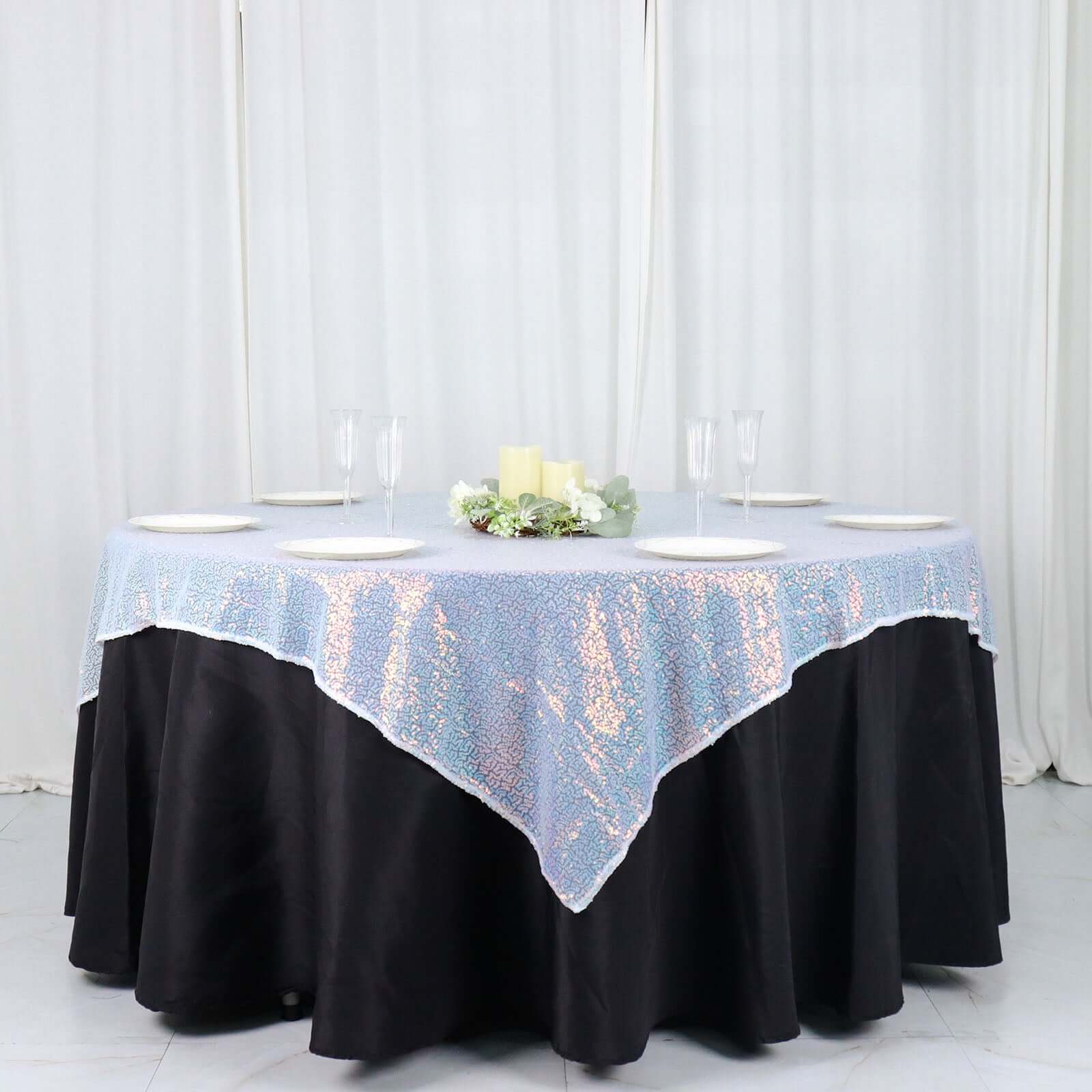 Sequin 60x60 Table Overlay Square Tablecloth Irisdescent Blue - Luxe Wedding Table Topper