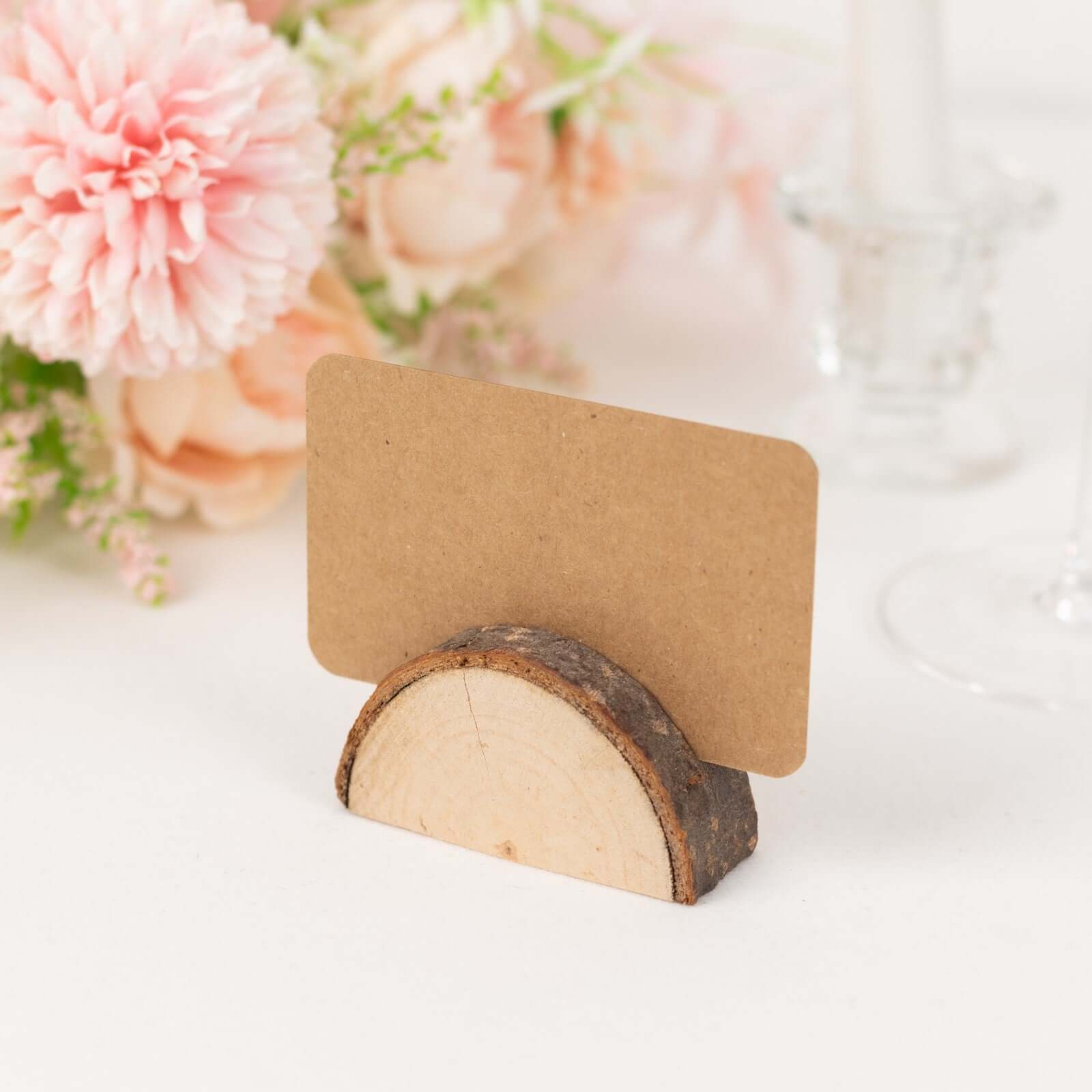 Set of 10 Wood Place Card Holders Rustic Semicircle Design Natural with Brown Paper - Wedding Table Number Display 2.5