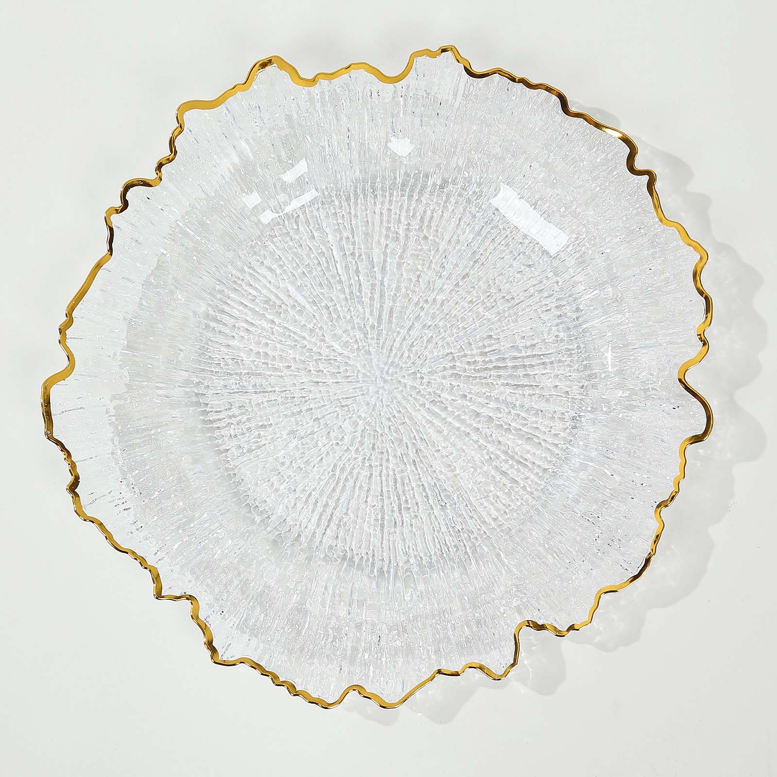 6-Pack Plastic Round Charger Plates 12 in Clear Reef Design with Gold Rim, Decorative Dinner Party Serving Plates