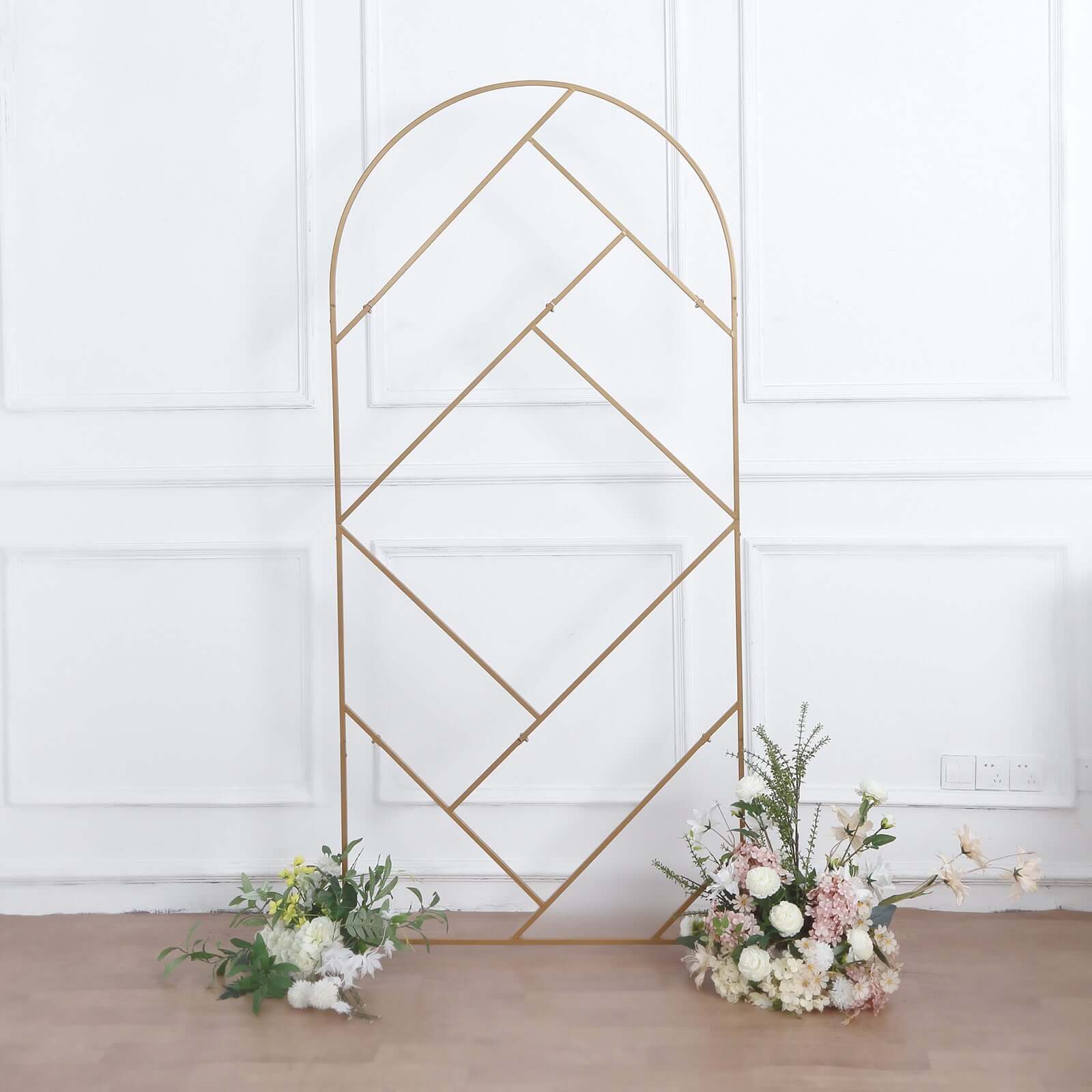 7ft Tall Gold Metal Round Top Geometric Flower Frame Prop Stand, Rectangular Wedding Backdrop Floor Stand With Cloudy Film Insert