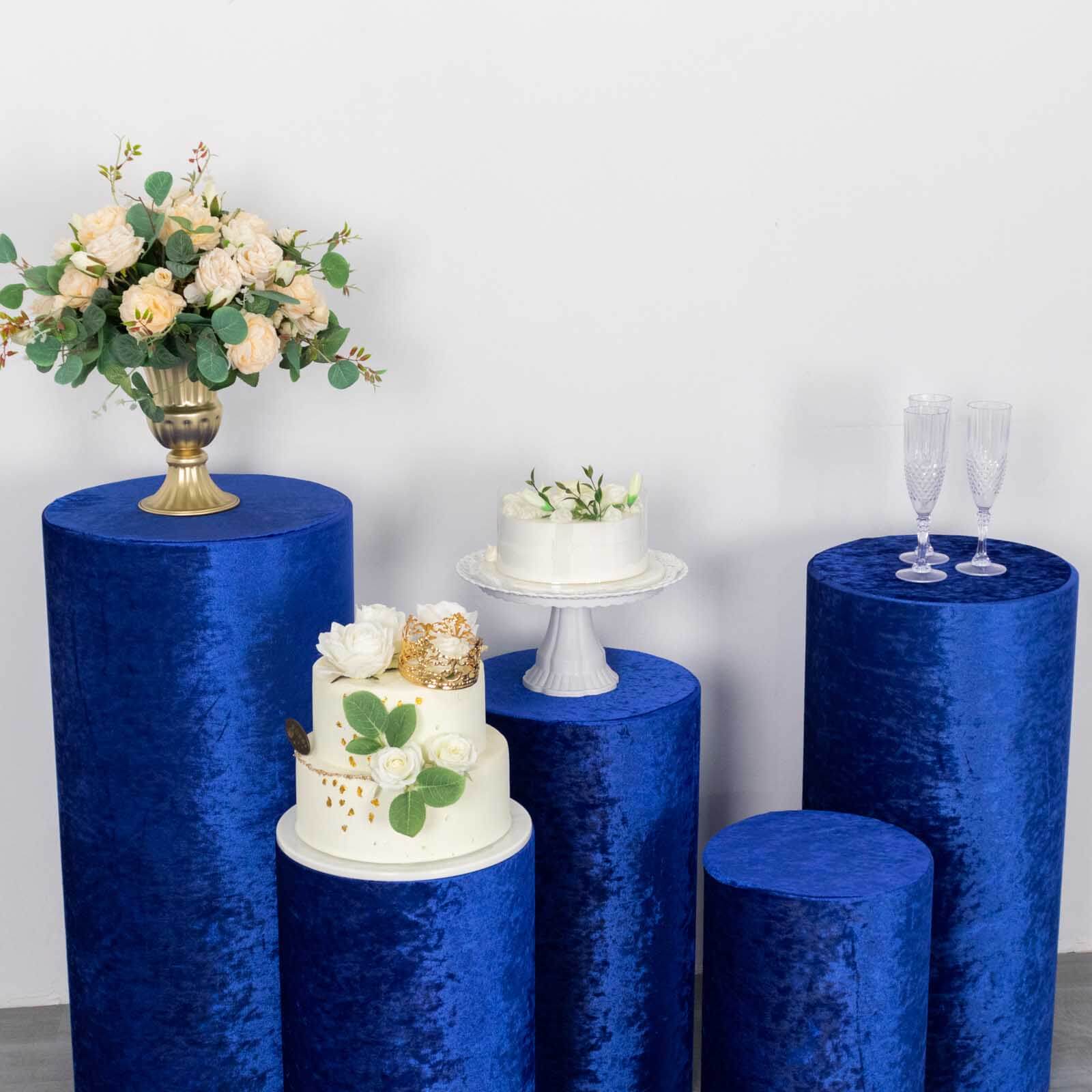 Set of 5 Royal Blue Crushed Velvet Cylinder Pedestal Stand Covers, Premium Pillar Prop Covers