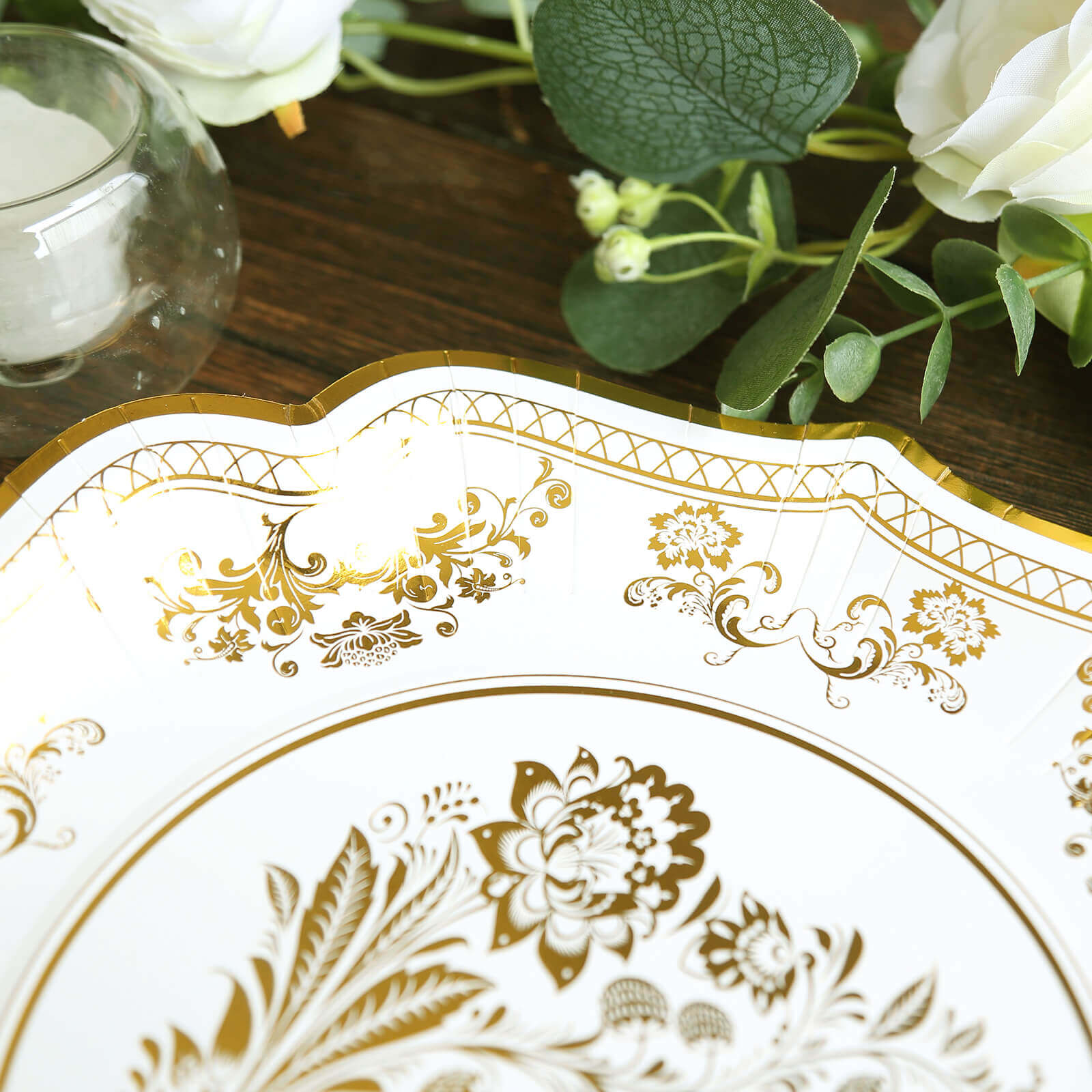 25-Pack Paper Dinner Plates in White with Gold French Toile Print & Scallop Rim - Stylish Disposable 300GSM Floral Party Plates for Weddings & Events 10