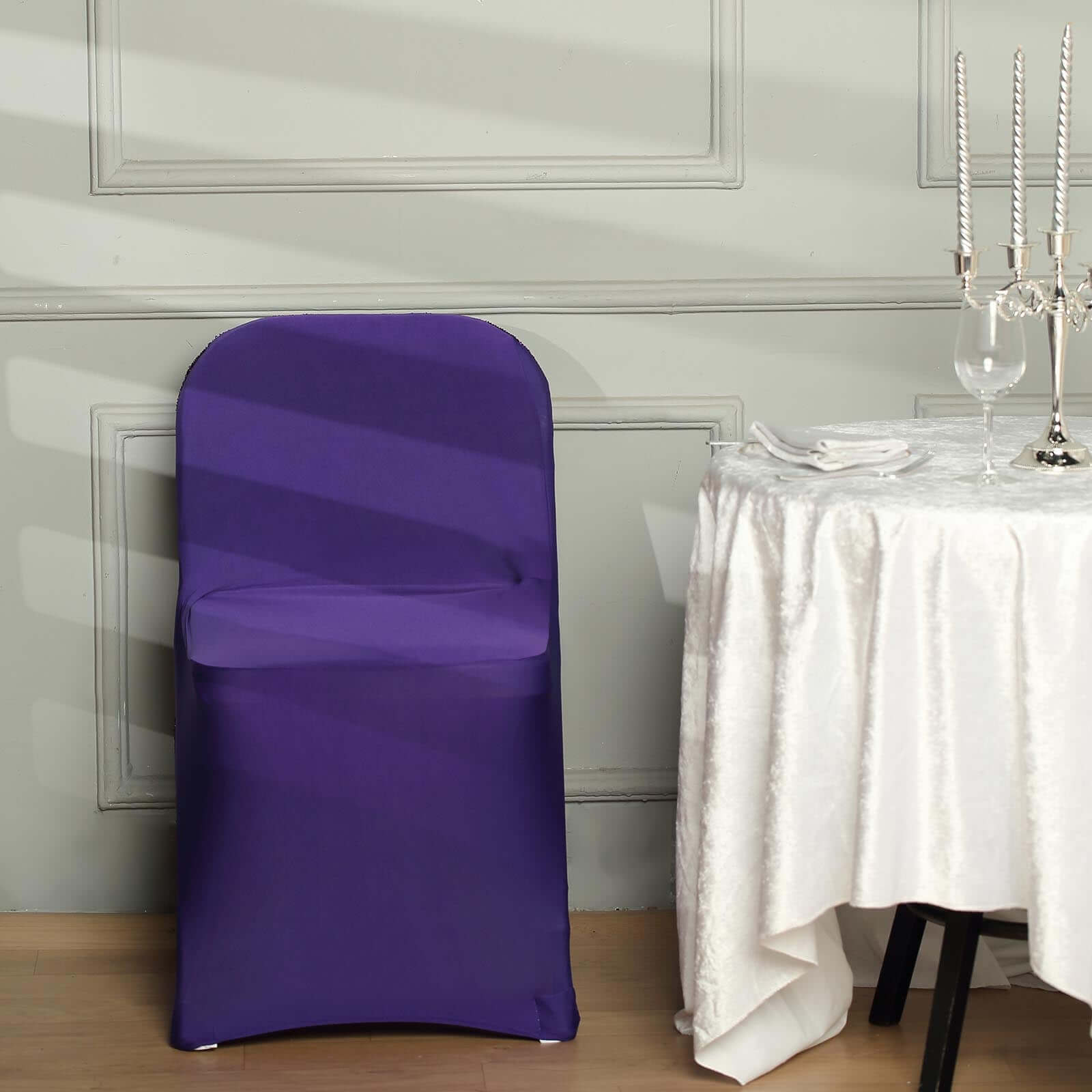 Stretch Spandex Chair Cover Purple for Folding Chairs - Metallic Shimmer Tinsel Back Design Fitted Slipcover