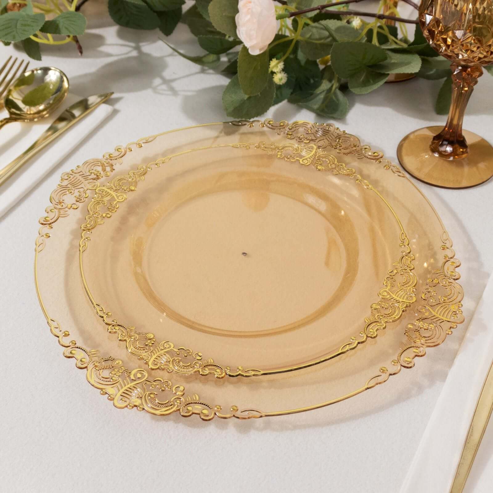 10-Pack Plastic 8 Round Dessert Plates in Transparent Amber Gold with Gold Leaf Embossed Rim - Disposable Vintage Baroque Style Salad Plates