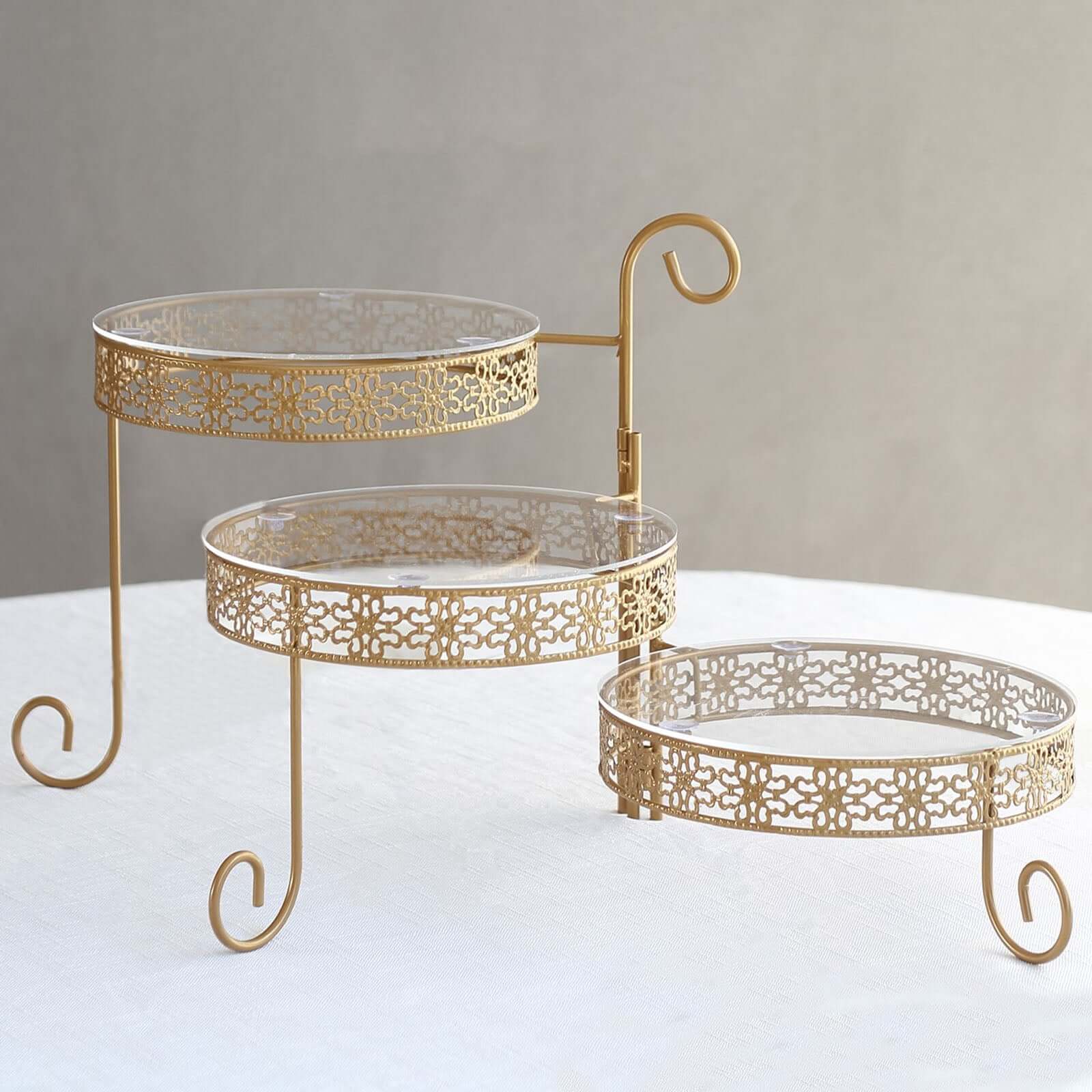 3-Tier Metal Rotating Cupcake Stand with Clear Acrylic Round Plates Gold - Hollow Lace Design Dessert Display 28