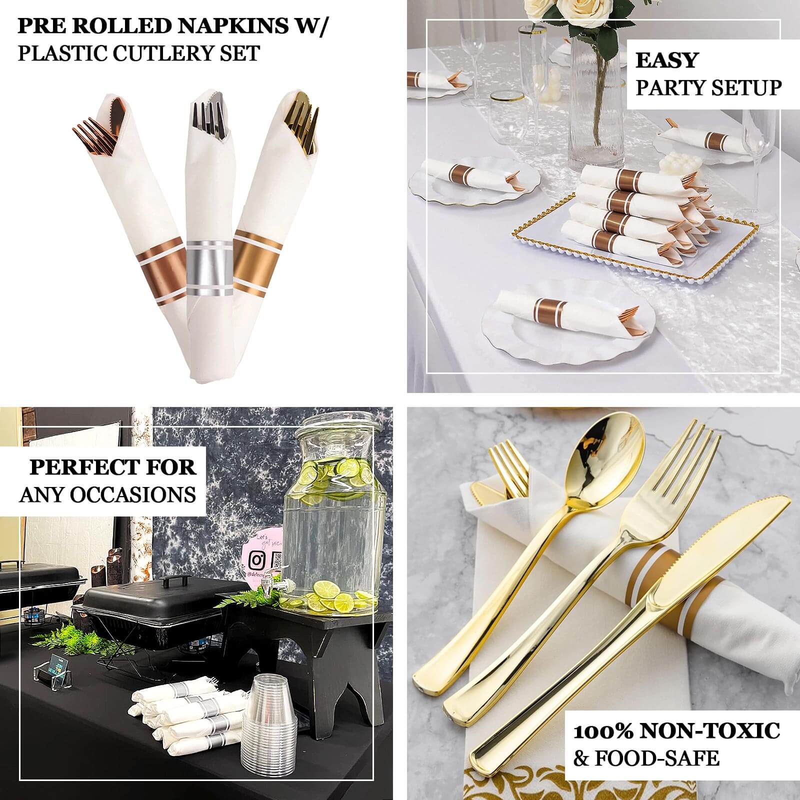 Set of 24 Rose Gold Plastic Silverware with Pre-Rolled White Paper Napkins - Disposable Wrapped Fork, Spoon, and Knife Set