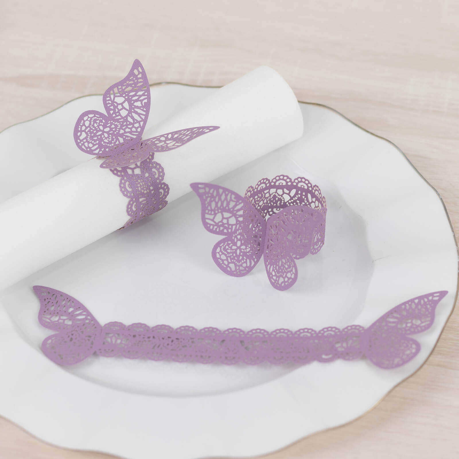 12-Pack Paper Napkin Rings Laser Cut Butterfly Lavender Shimmery - Decorative Serviette Holders