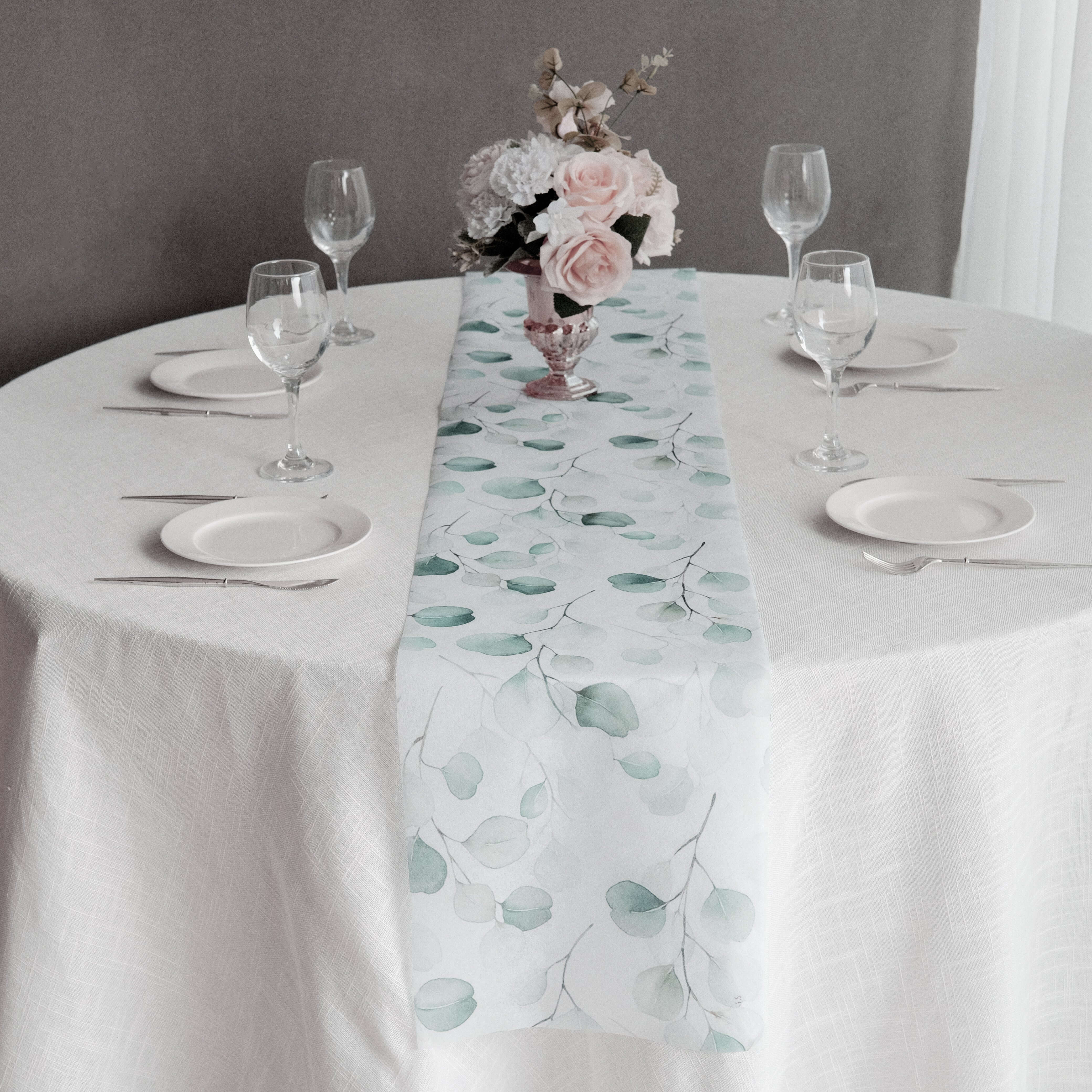 Disposable Table Runner 11x108 White with Green Eucalyptus Leaves Print - Non-woven Stylish Spring Summer Dining Decor