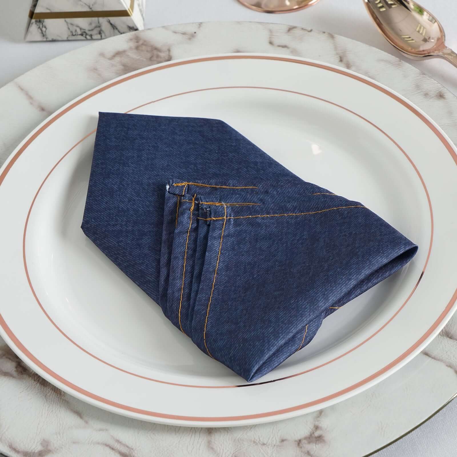 5 Pack Polyester 17x17 Napkins Navy Blue Faux Denim Style Dinner Napkins for Casual Gatherings & Themed Events