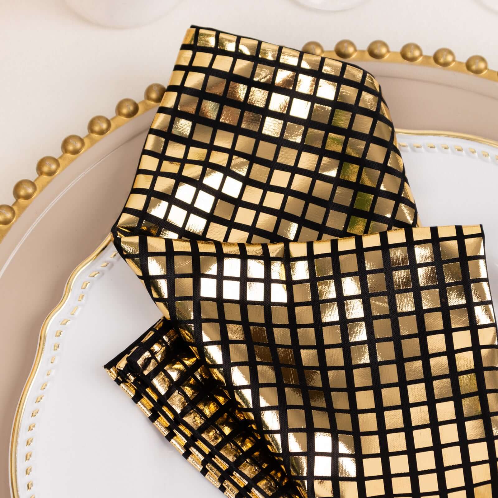 5 Pack Polyester 20x20 Napkins Black with Refelective Gold Foil for Luxe Events & Retro Themes