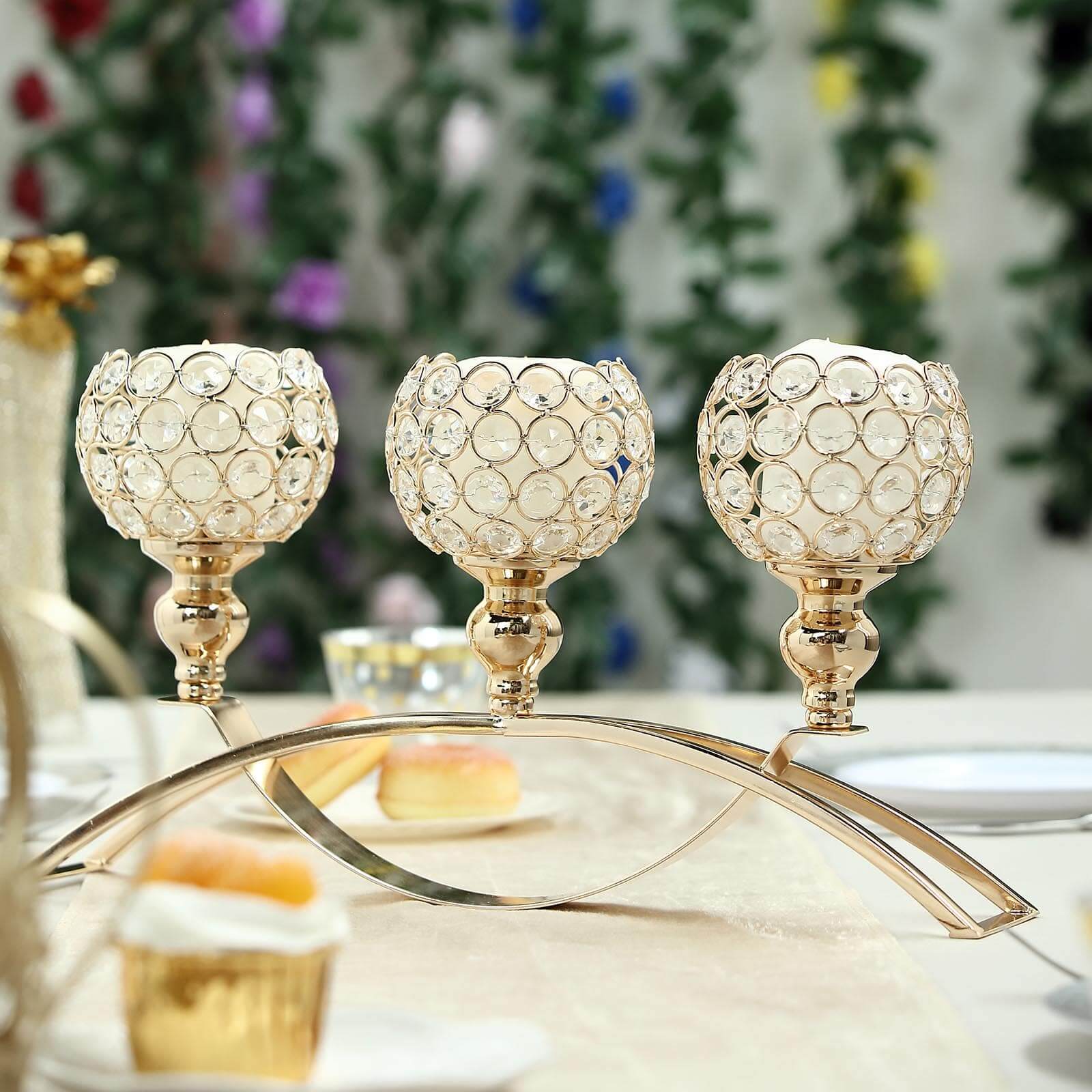 3-Arm Arch Bridge Candelabra Gold with Crystal Beads - Chic Table Centerpiece for Events 16