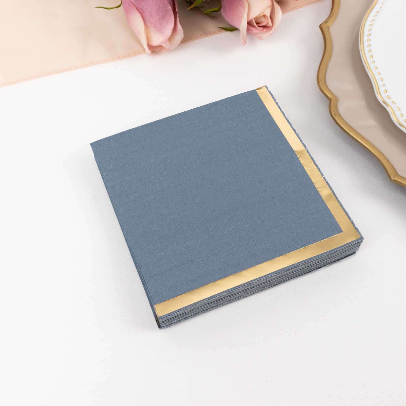 50-Pack Paper Beverage Napkins Dusty Blue with Gold Foil Edge - 2 Ply Disposable Soft 18GSM Cocktail Napkins 5x5