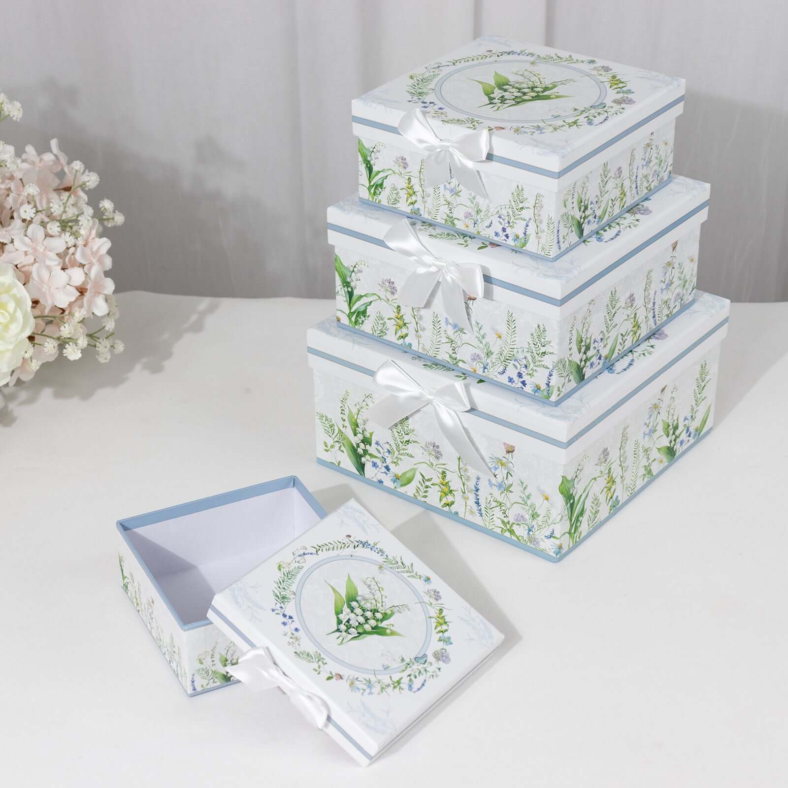 Set of 4 Cardstock Round Nesting Gift Boxes White Green Floral Design - Decorative Heavy Duty Stackable Keepsake Boxes With Lids for Presents Storage & Pedestal Stand 5,7,8,9