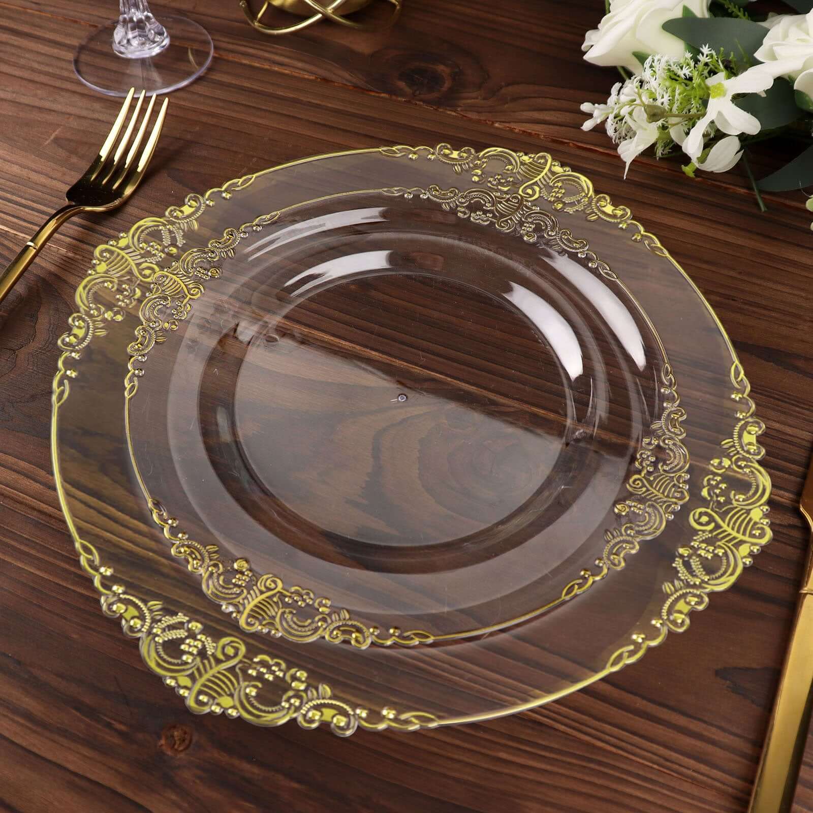 10-Pack Plastic 10 Round Dinner Plates in Clear with Gold Leaf Embossed Rim - Disposable Vintage Baroque Style Plates
