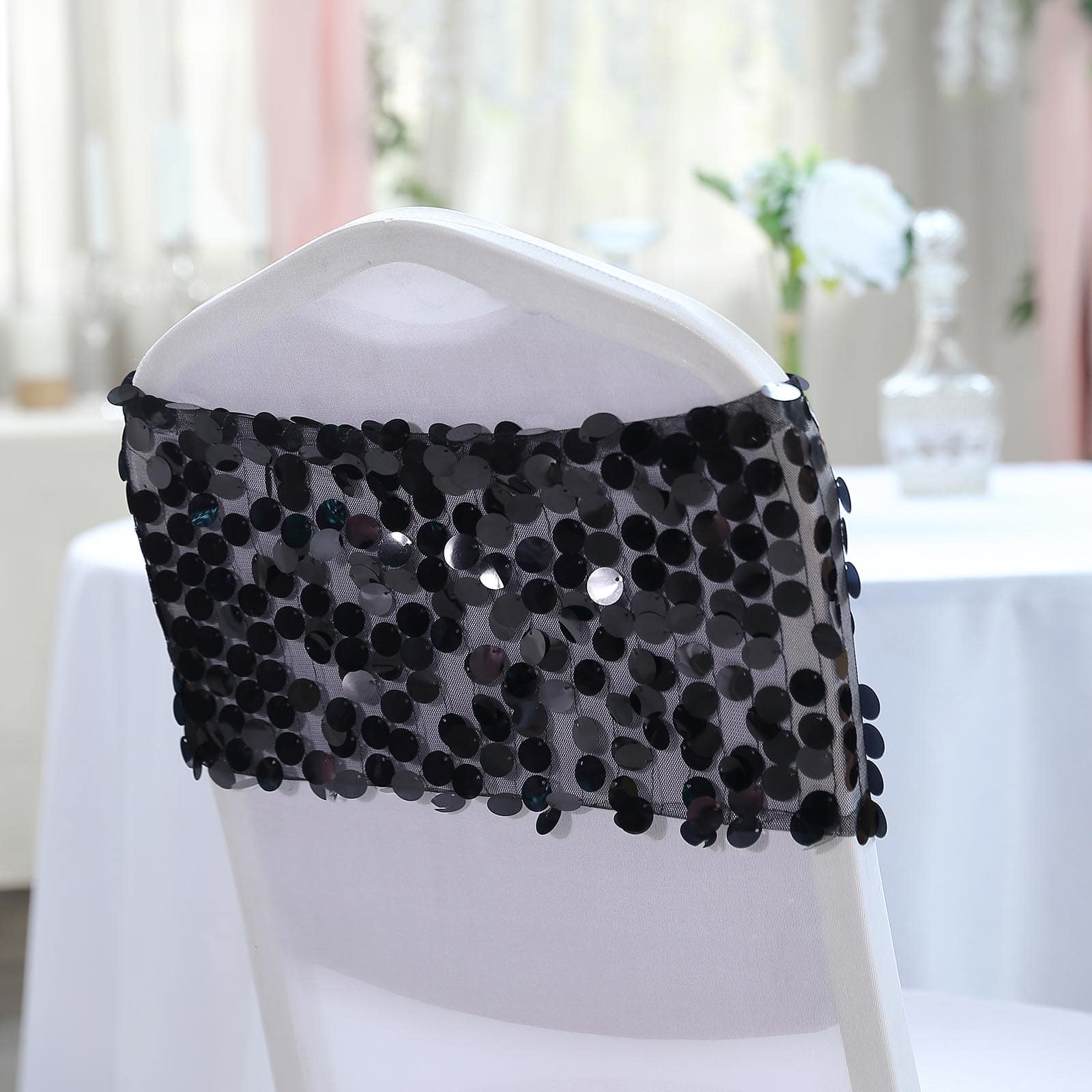 5 Pack Big Payette Sequin 13x10 Chair Sash Bands Black - Stylish Glittering Decor for Weddings & Gatherings