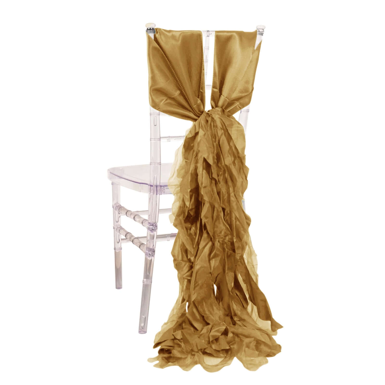 5 Pack Chiffon Satin Chair Sashes Gold - Easy to Install Lustrous Ruffled Curly Willow Wedding Chair Decorations