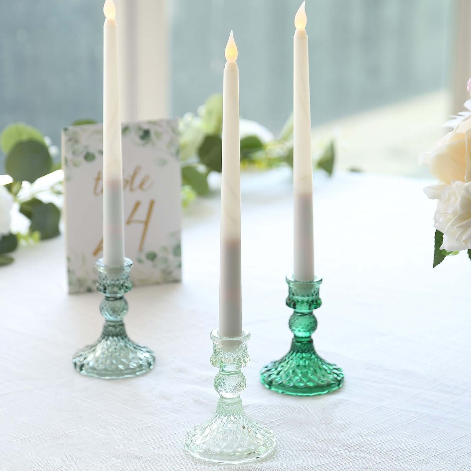 6-Pack Glass Taper Candlestick Holders Diamond Pattern Design Assorted Green - Reversible Crystal Pillar Votive Stands 4