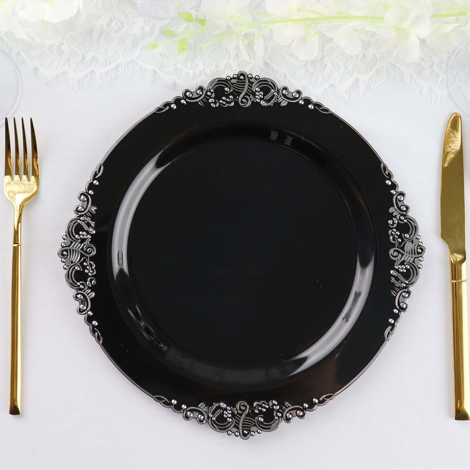10-Pack Plastic 10 Round Dinner Plates in Black with Silver Leaf Embossed Rim - Disposable Vintage Baroque Style Plates