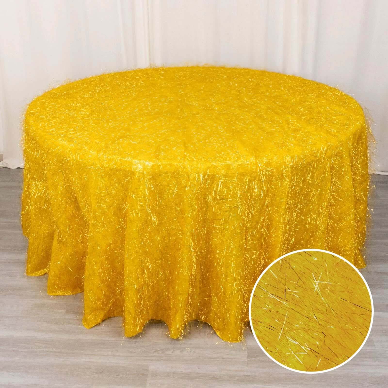 Polyester 120 Round Gold Tablecloth Metallic Fringe Shag Tinsel Design Table Cover for Weddings & Events