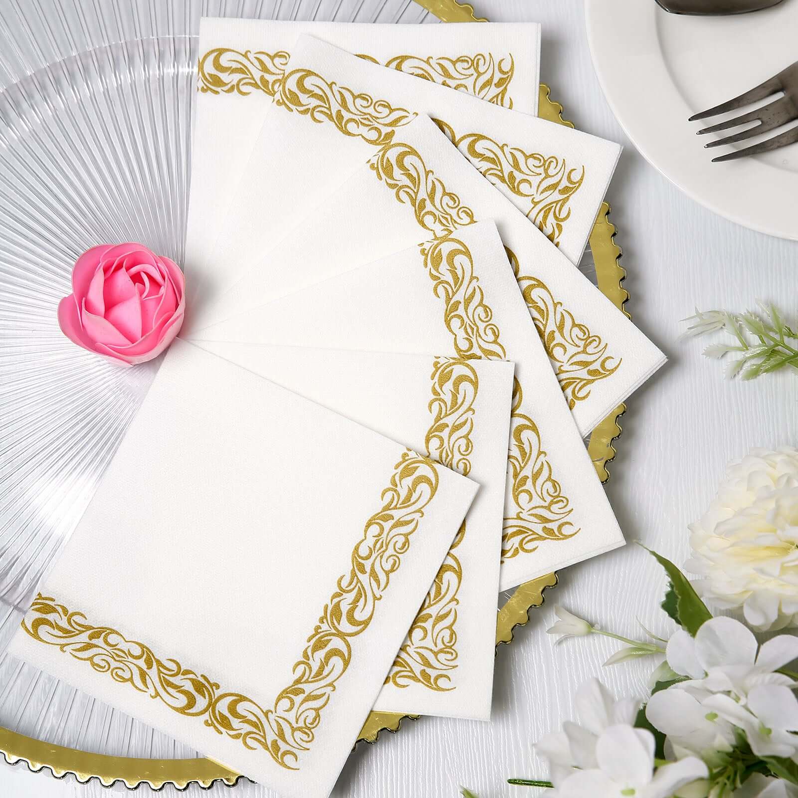 20 Pack Linen-Like Paper 5x5 Napkins White with Gold Scroll Floral Design - Soft & Absorbent Airlaid Party Napkins