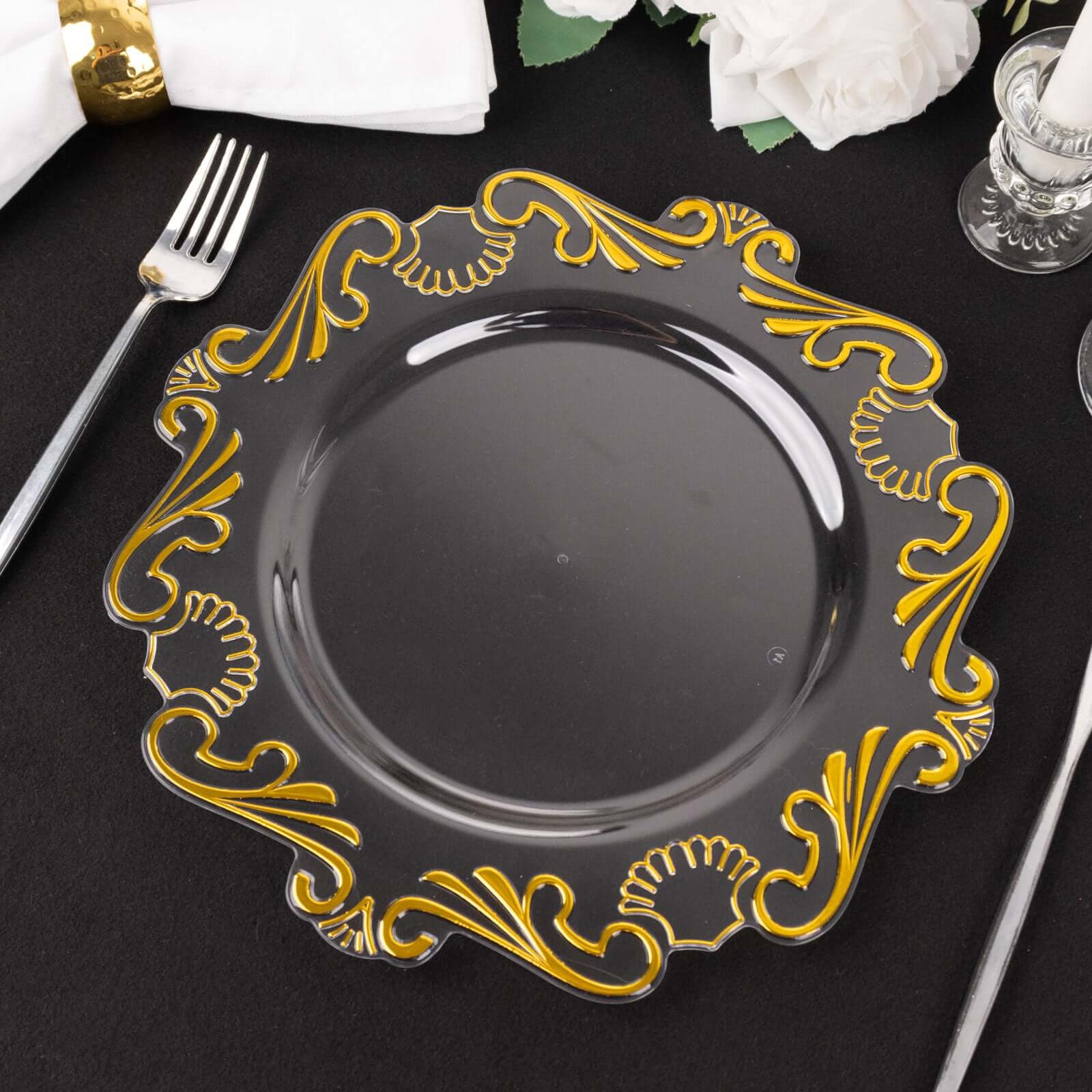 10-Pack Plastic 10 Round Dinner Plates in Clear with Gold Vintage Baroque Scalloped Rim - European Style Disposable Party Plates