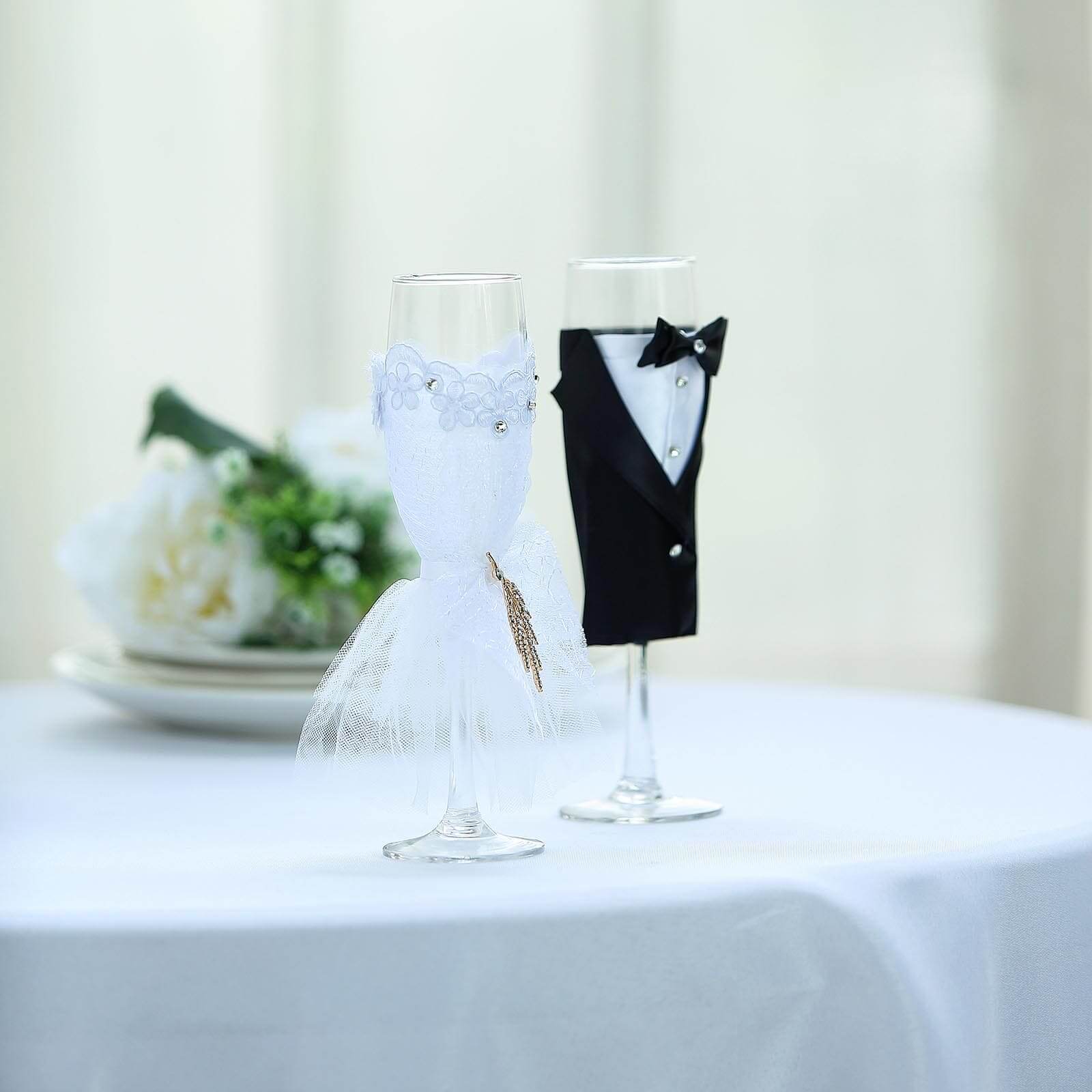 Set of 2 Clear Champagne Flutes with Black Bride and Groom Koozies - Wedding Toast Glasses 9