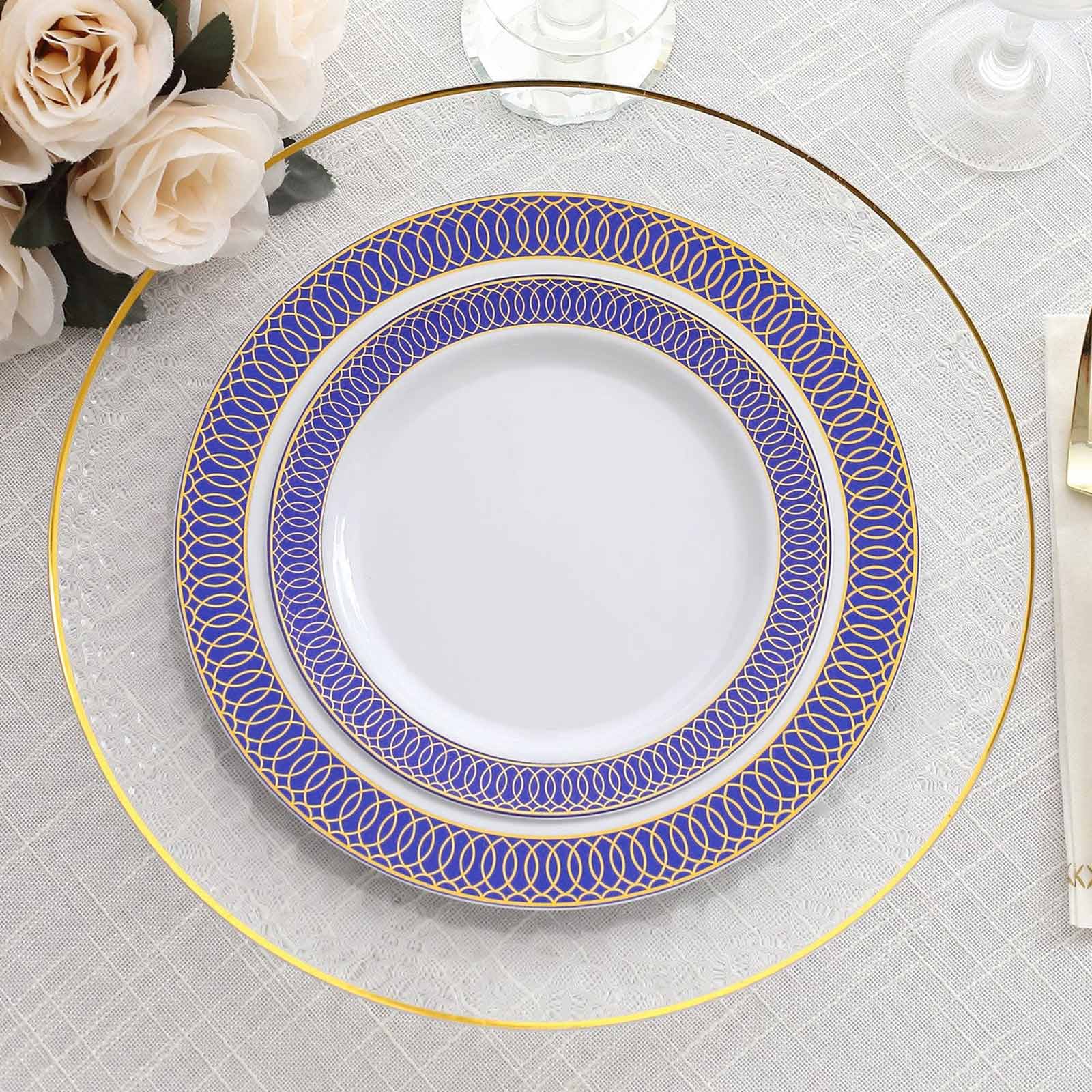 10-Pack Plastic Round Dessert Plates 7 White with Navy Blue Gold Spiral Rim - Disposable Salad Plates