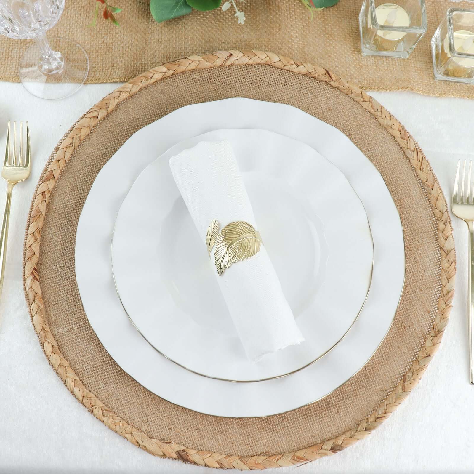 10-Pack Plastic 11 Round Dinner Plates in White Ruffled Rim with Gold Edging - Sturdy Disposable Dinnerware for Classy Events & Banquets