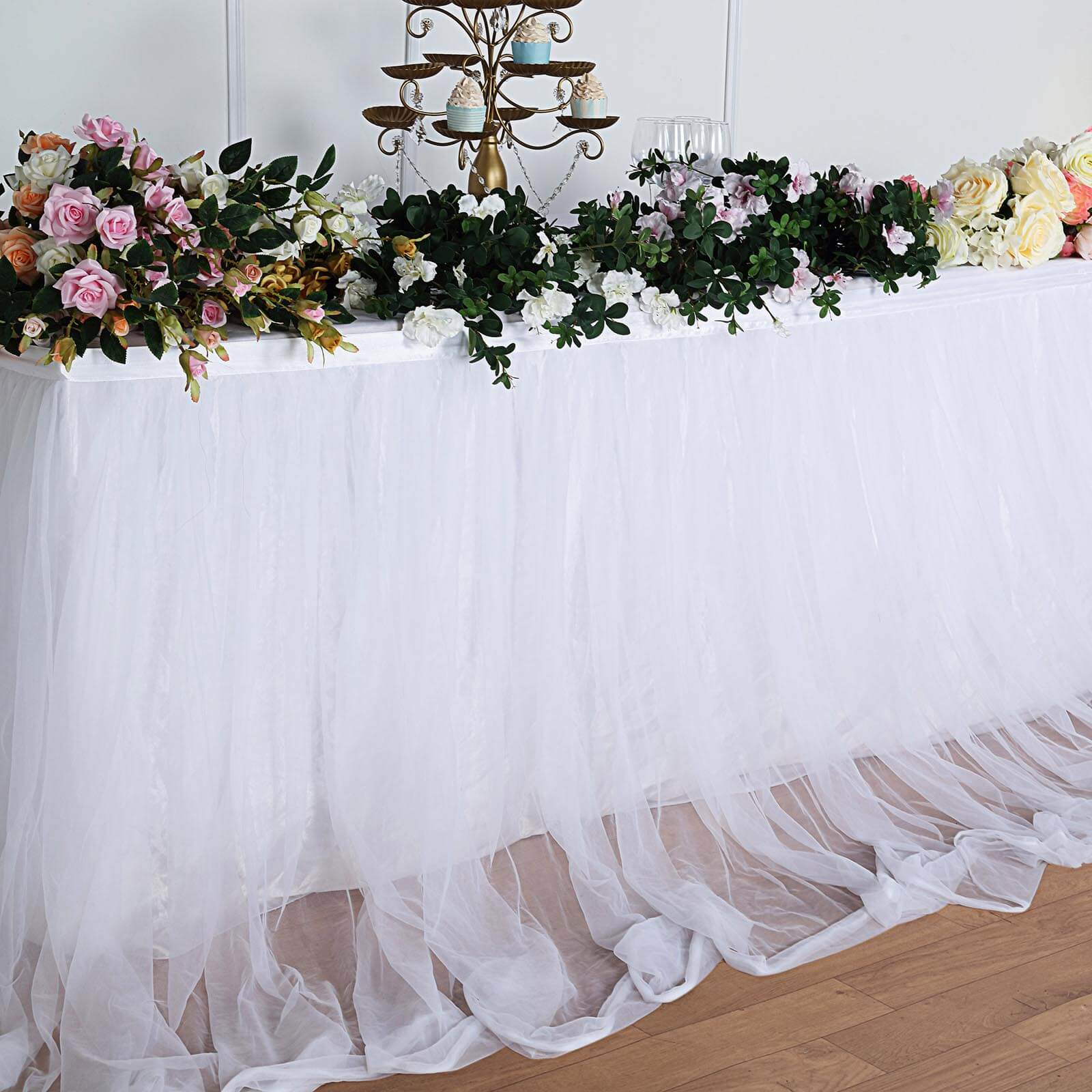 Extra Long Tulle 14ft Table Skirt White with Satin Edge - Table Cover for Baby Showers & Events