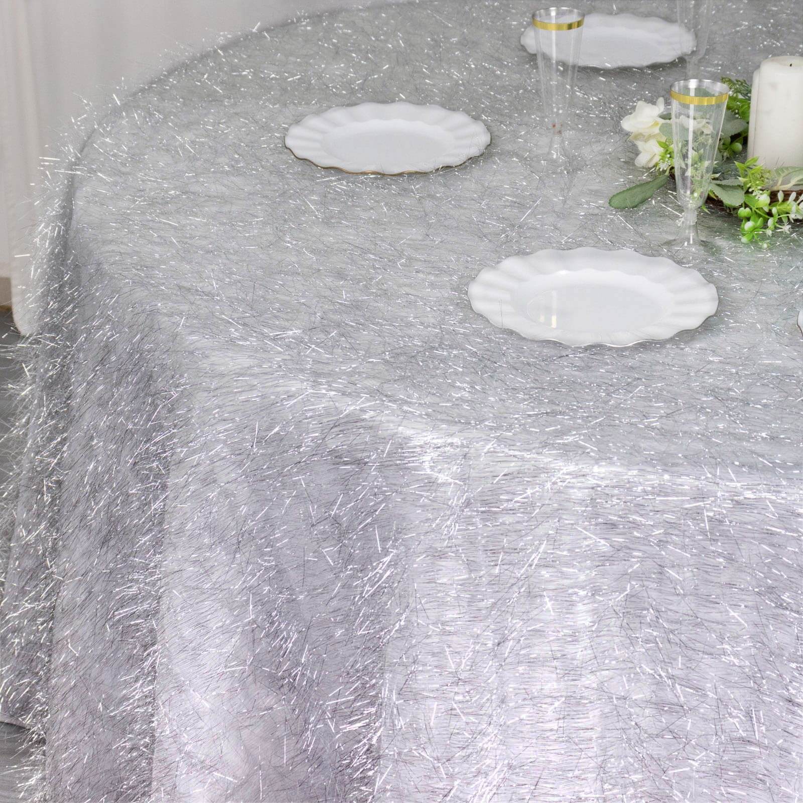 Polyester 120 Round Silver Tablecloth Metallic Fringe Shag Tinsel Table Cover