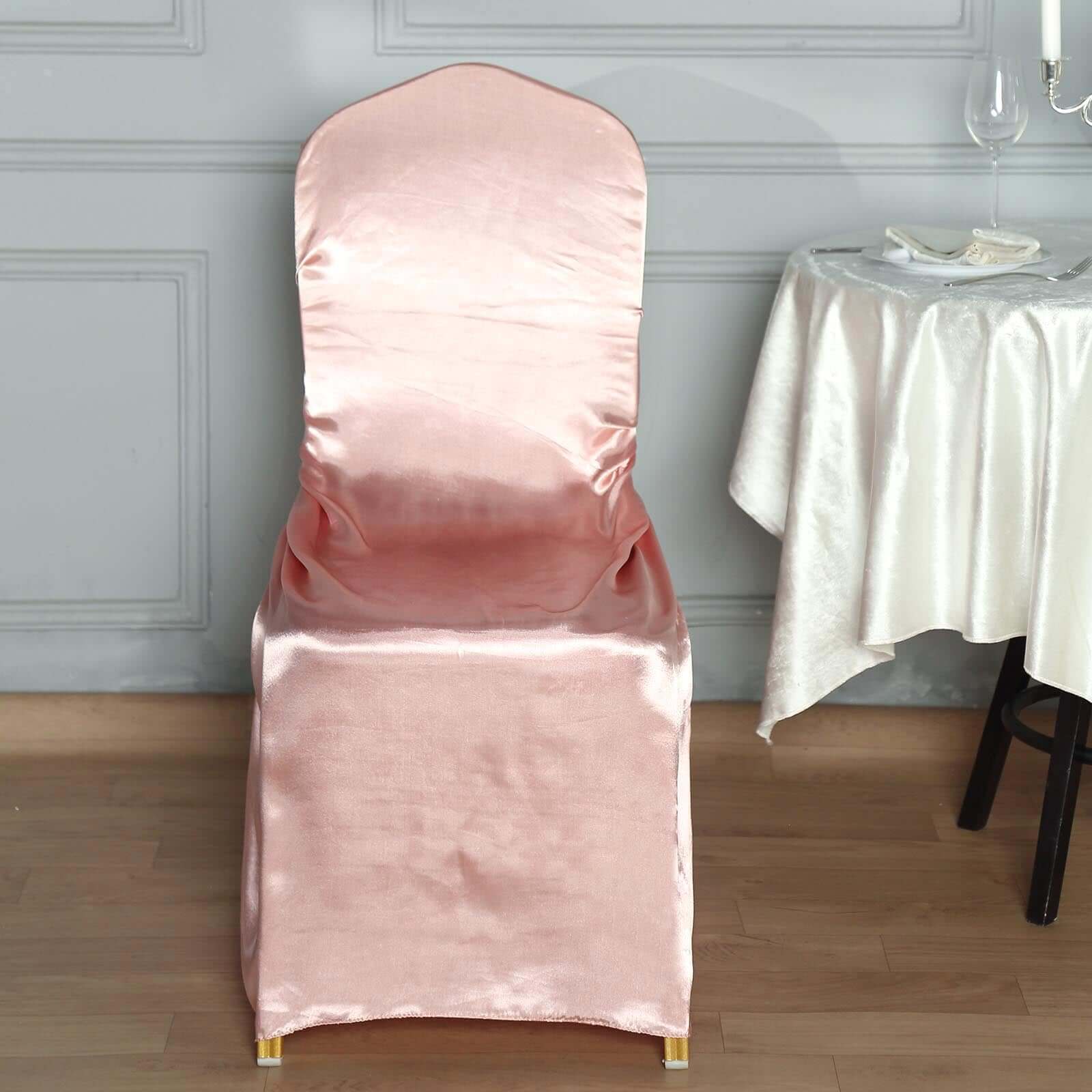 Satin Chair Cover Self-Tie Universal Design Dusty Rose - Durable Slip-On Cover for Folding, Dining, Banquet & Standard Chairs