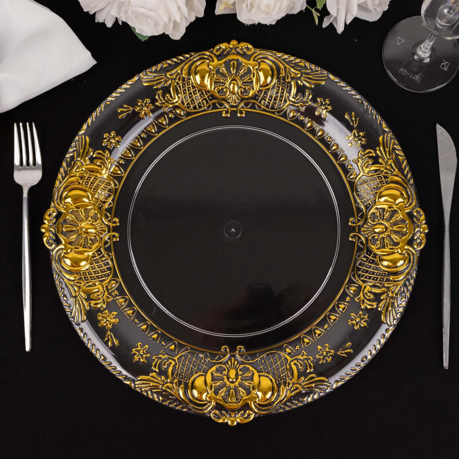 6-Pack Plastic Round Charger Plates 13 in Clear with Gold Florentine Embossed Rim, Exquisite Dinner Serving Plates