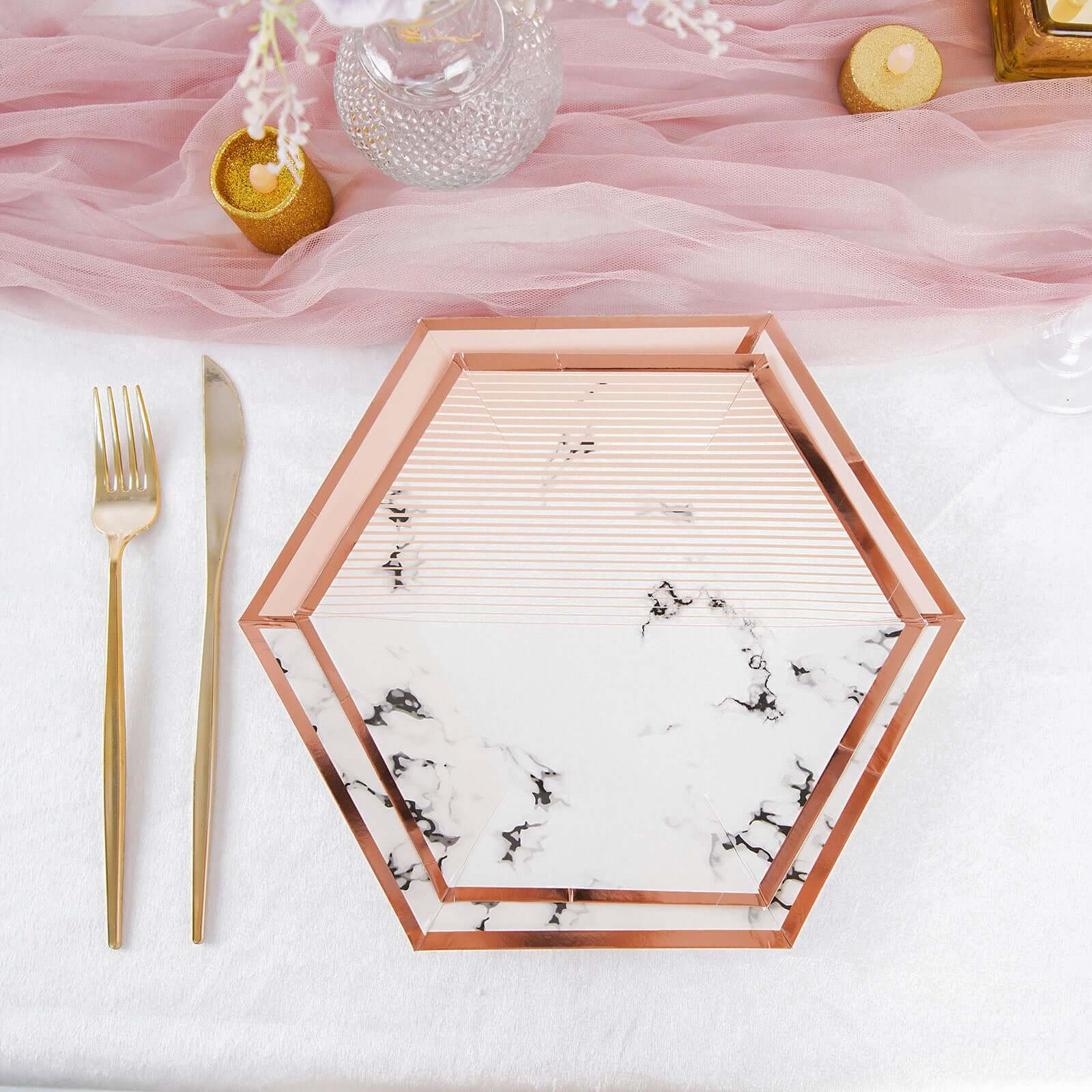 50-Pack Paper Hexagon Dinner and Dessert Plates in Blush with Marble Design & Rose Gold Foil Rim - Chic Disposable Geometric Party Plates Set for 25 Guests 8, 10