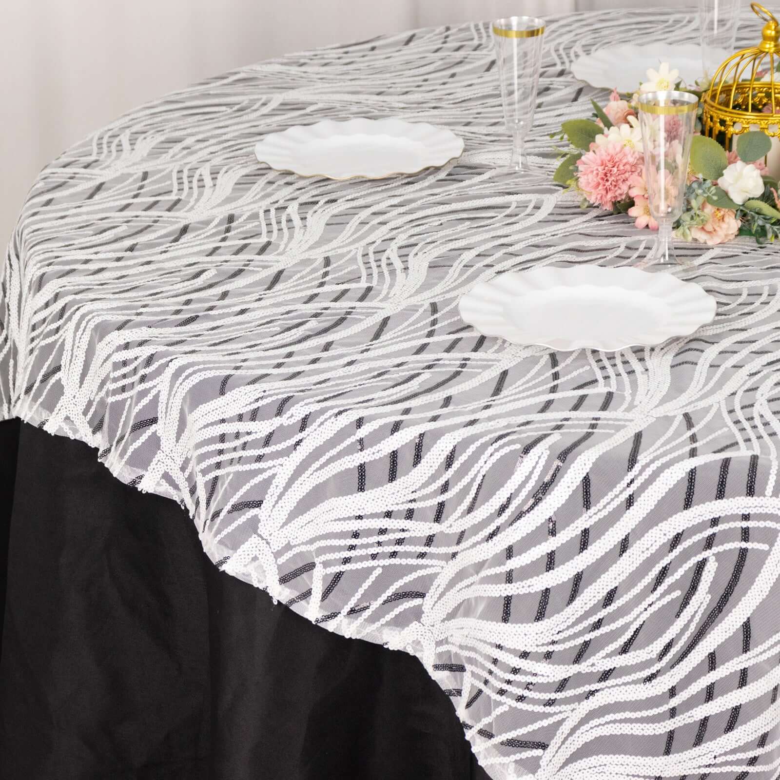 Mesh 72x72 Table Overlay Square Tablecloth White Black - Wave Embroidered Sequins Table Topper