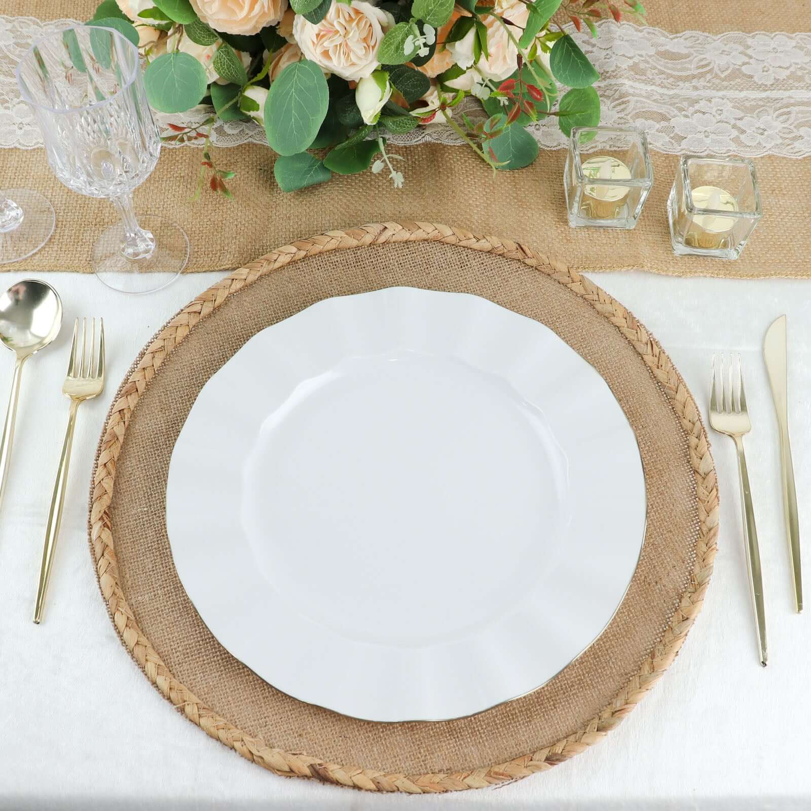 10-Pack Plastic 11 Round Dinner Plates in White Ruffled Rim with Gold Edging - Sturdy Disposable Dinnerware for Classy Events & Banquets