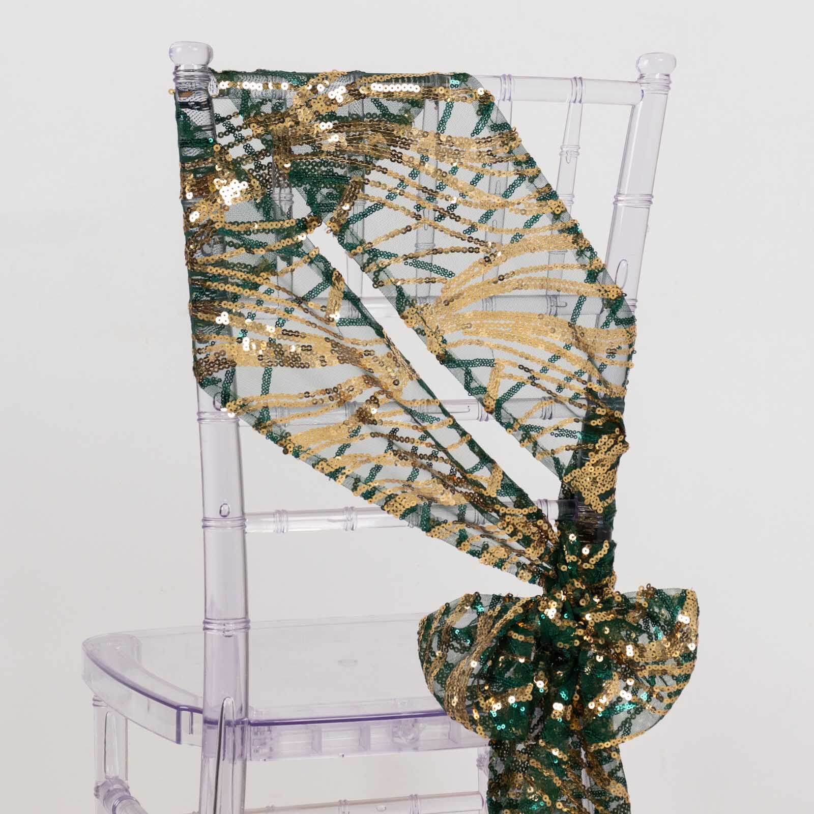 5 Pack Chair Sashes with Wave Embroidered Sequins Hunter Emerald Green/Gold 6x88