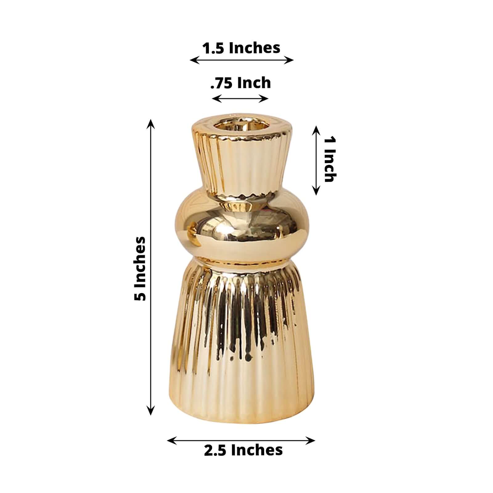 3-Pack Ceramic Taper Candle Holders Fluted Ball Neck Design Metallic Gold - Ribbed Candlestick Stands 5