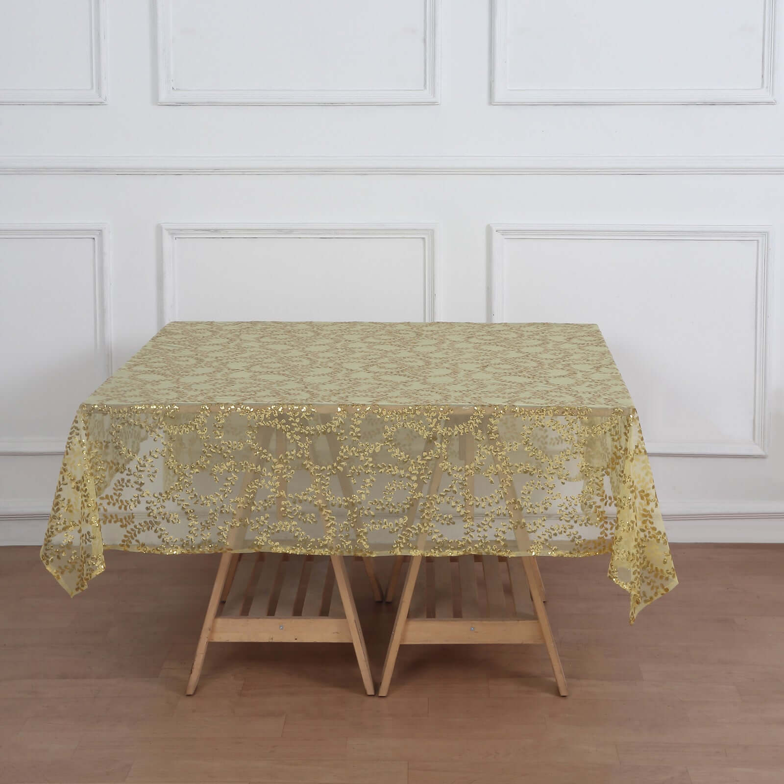 Tulle 72x72 Table Overlay Square Tablecloth Gold - Sequin Leaf Embroidered Design for Stylish Occasions